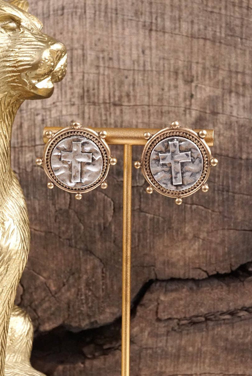 Divine Duo – Two-Tone Cross Coin Stud Earrings-Earrings-PennyLine inc-Stuffology - Where Vintage Meets Modern, A Boutique for Real Women in Crosbyton, TX