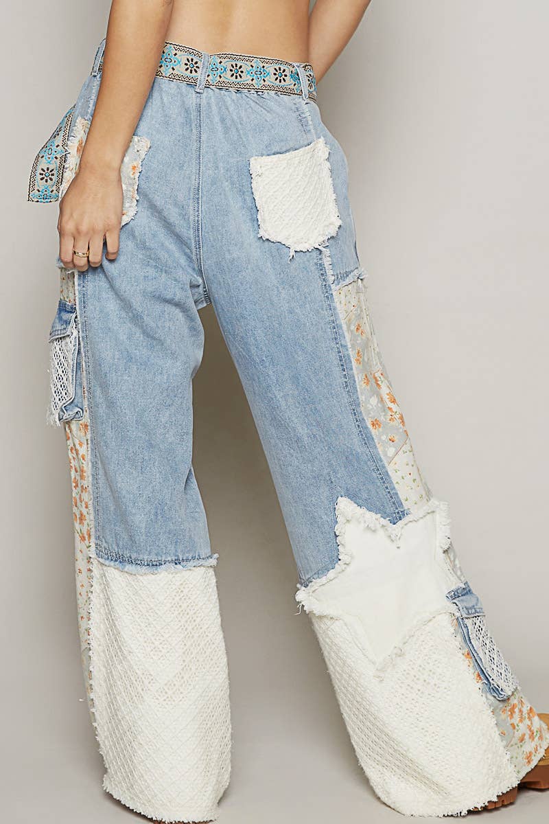 Printed Patchwork Star Detail Woven Twill Pants Jeans-Jeans-Pol Clothing-Stuffology - Where Vintage Meets Modern, A Boutique for Real Women in Crosbyton, TX