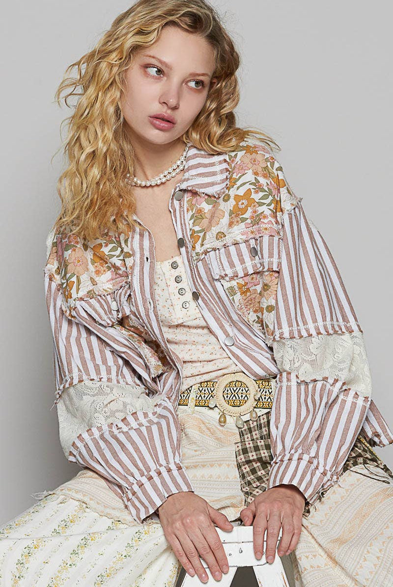 POL Clothing Balloon Sleeve Stripe Denim Shacket /Jacket-Shirt / Jacket-Pol Clothing-Stuffology - Where Vintage Meets Modern, A Boutique for Real Women in Crosbyton, TX