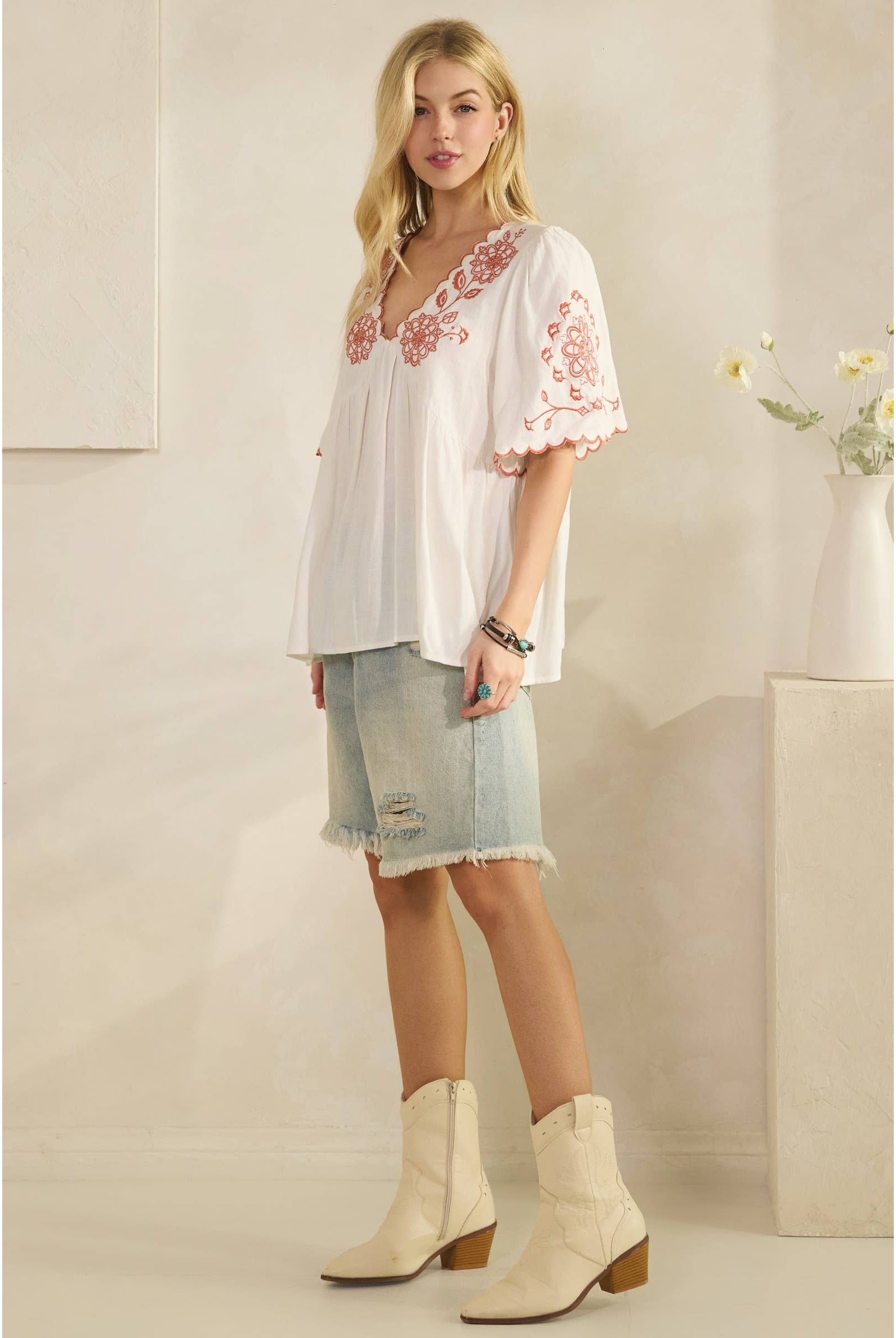 SCALLOPED BOHO EMBROIDERED BLOUSE (ST7681)-Sage + Fig-Stuffology - Where Vintage Meets Modern, A Boutique for Real Women in Crosbyton, TX