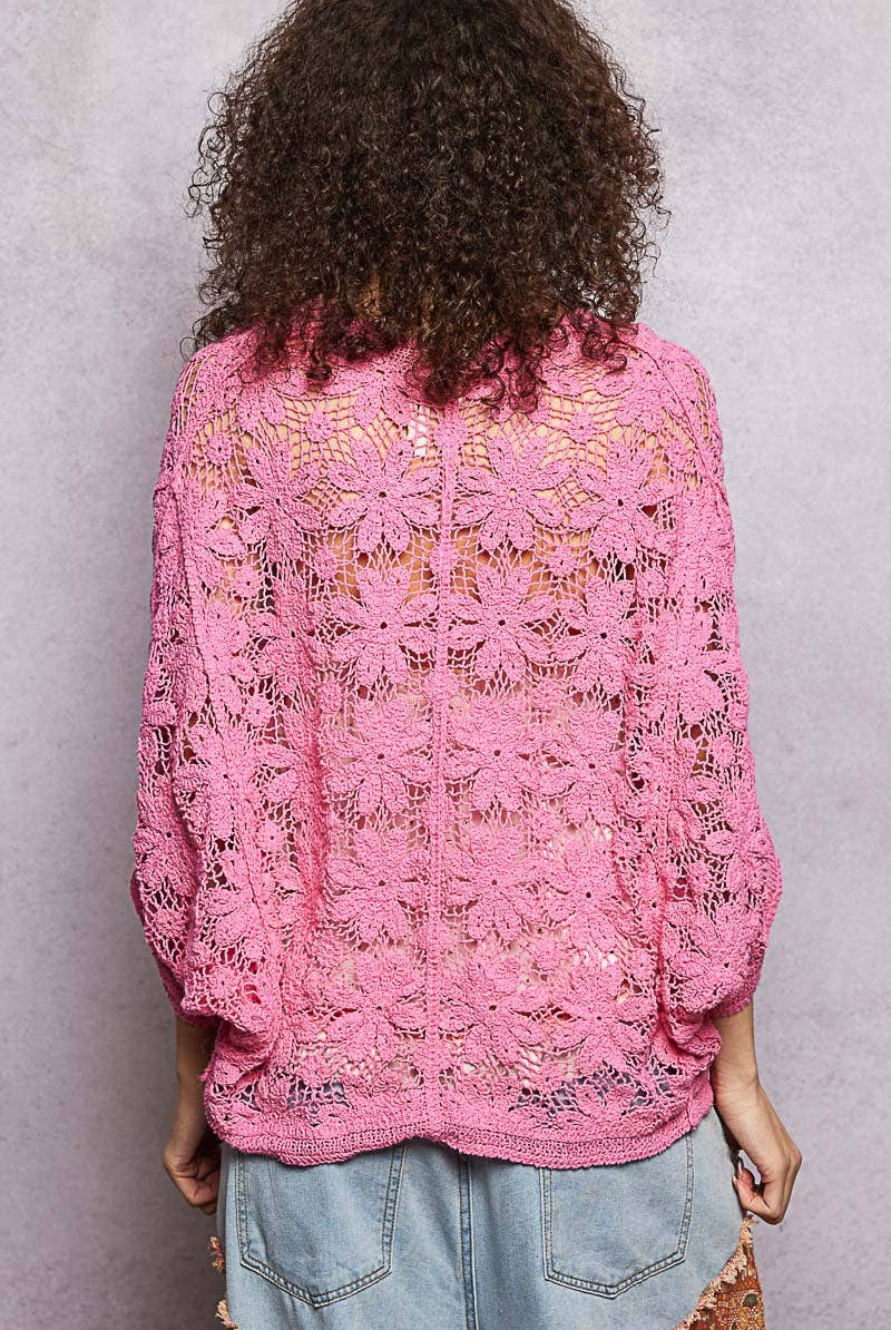 3/4 Sleeve Crochet Button Down Bubble Gum Pink Cardigan-Pol Clothing-Stuffology - Where Vintage Meets Modern, A Boutique for Real Women in Crosbyton, TX