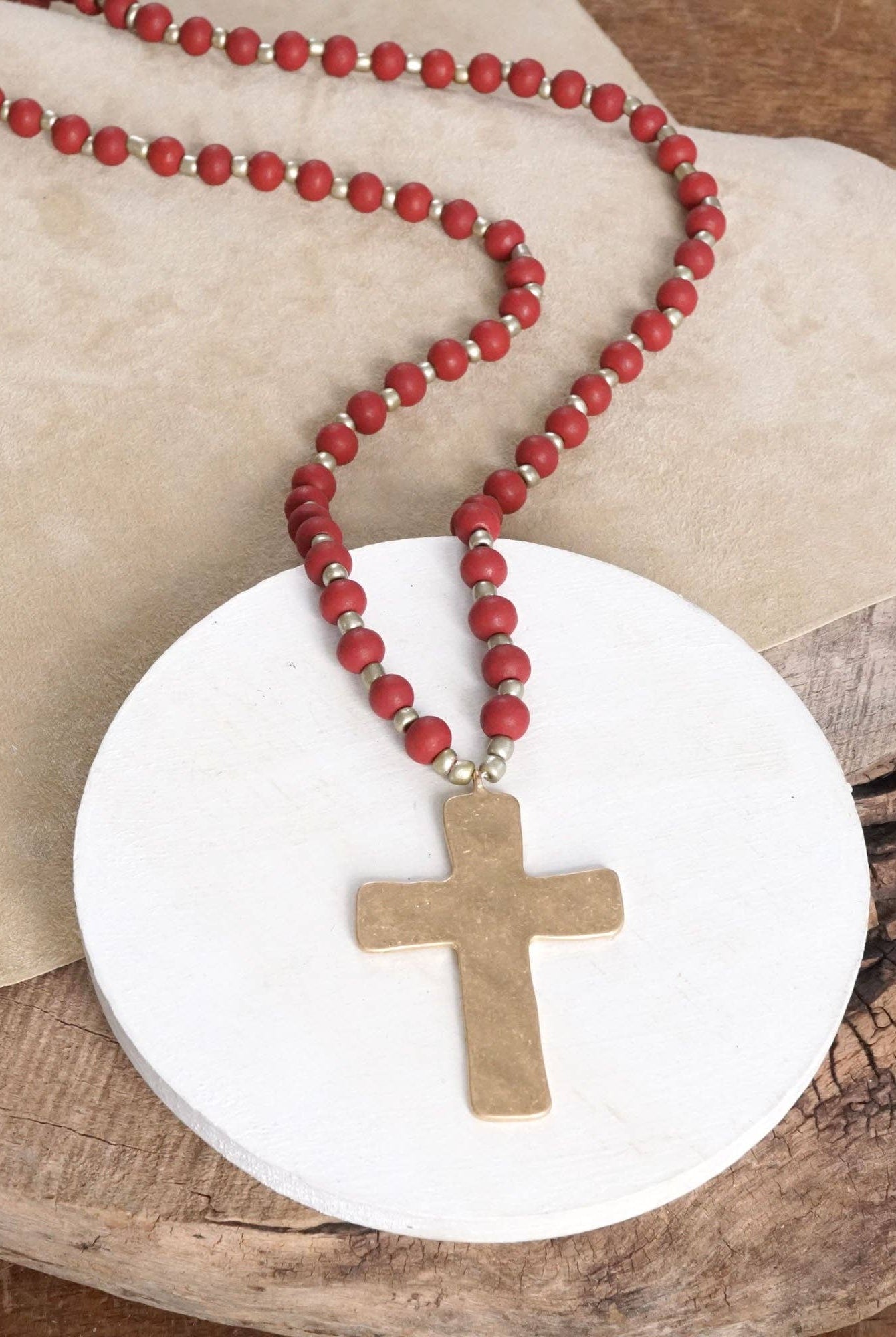 Long Wooden Bead Necklace with Gold Cross-Necklaces-PennyLine inc-Stuffology - Where Vintage Meets Modern, A Boutique for Real Women in Crosbyton, TX