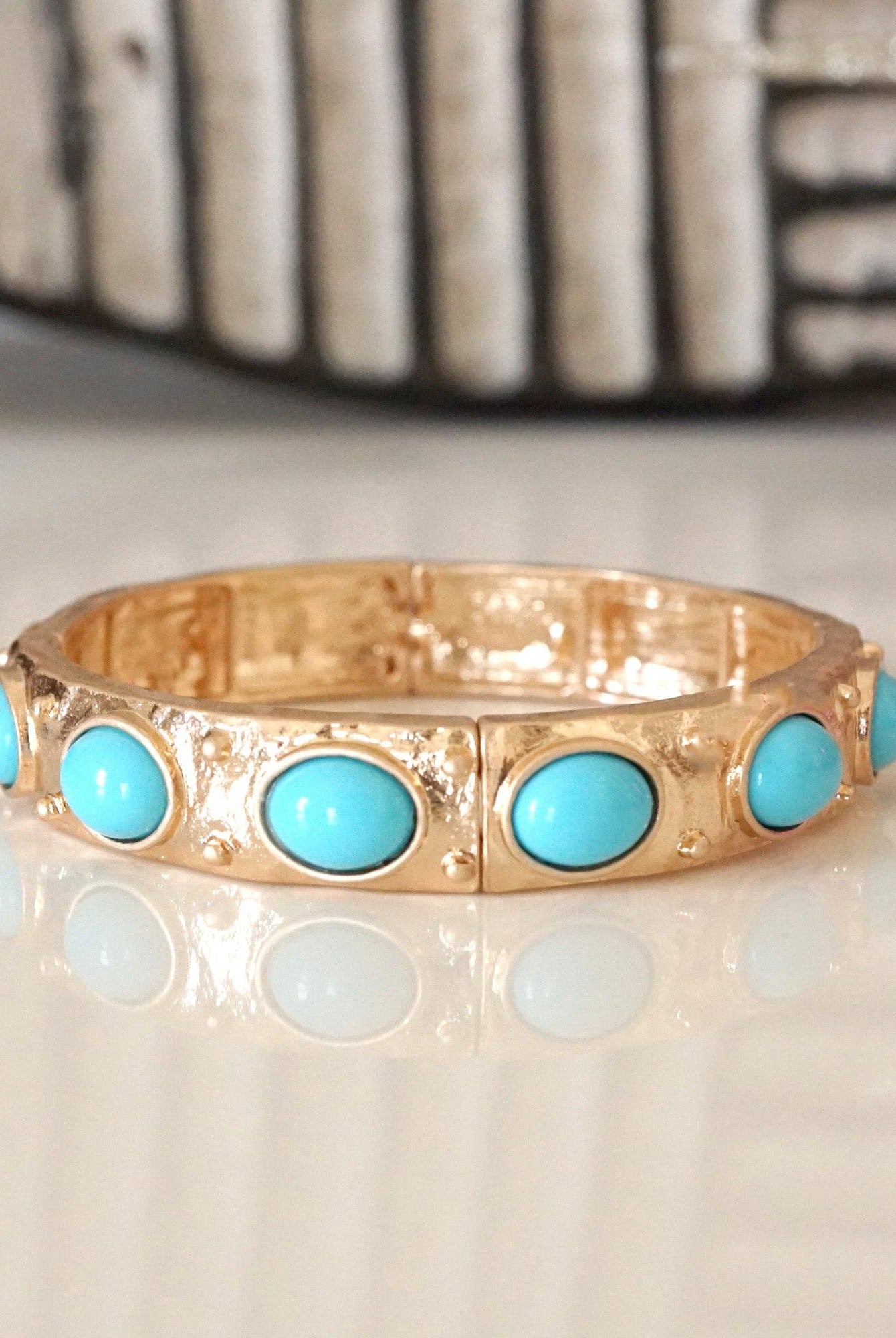 Classic Golden Stretchy Bangles – Pearl or Turquoise Accents-Bracelets-PennyLine inc-Stuffology - Where Vintage Meets Modern, A Boutique for Real Women in Crosbyton, TX