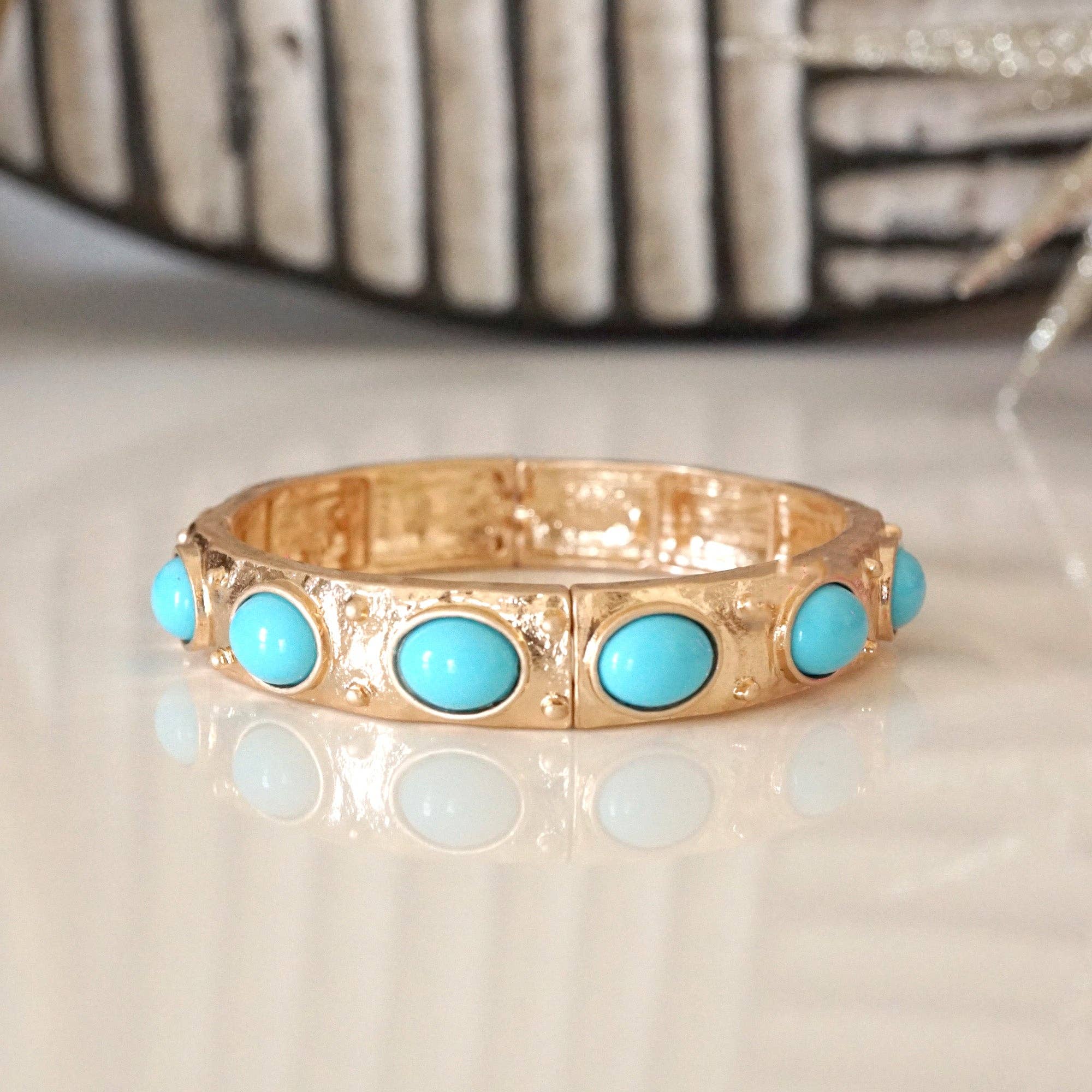 Classic Golden Stretchy Bangles – Pearl or Turquoise Accents-Bracelets-PennyLine inc-Stuffology - Where Vintage Meets Modern, A Boutique for Real Women in Crosbyton, TX