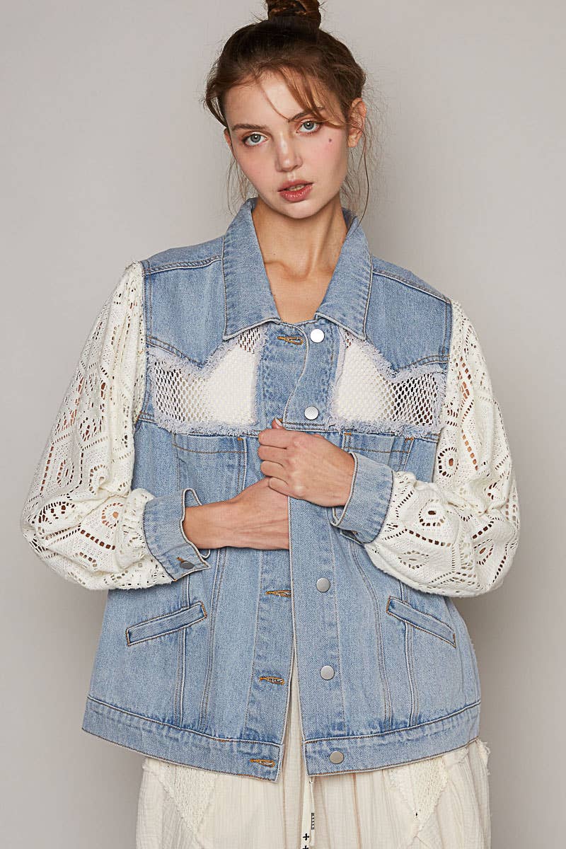Oversize lace long sleeve crochet patches denim jacket-Shirt / Jacket-Pol Clothing-Stuffology - Where Vintage Meets Modern, A Boutique for Real Women in Crosbyton, TX