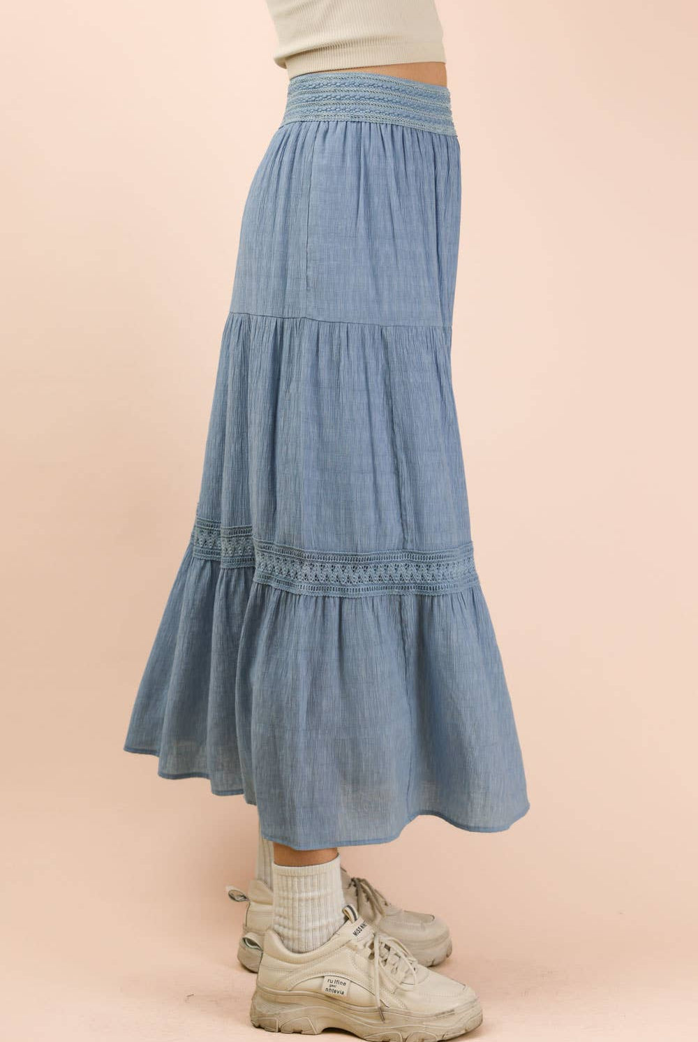 Tiered Layers Solid Woven Skirt W/ Lace Trim-Skirts-VERY J-Stuffology - Where Vintage Meets Modern, A Boutique for Real Women in Crosbyton, TX