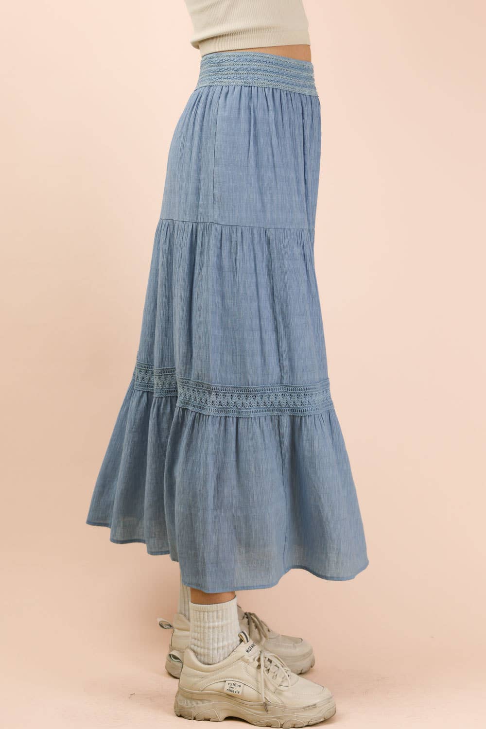 Tiered Layers Solid Woven Skirt W/ Lace Trim-Skirts-VERY J-Stuffology - Where Vintage Meets Modern, A Boutique for Real Women in Crosbyton, TX