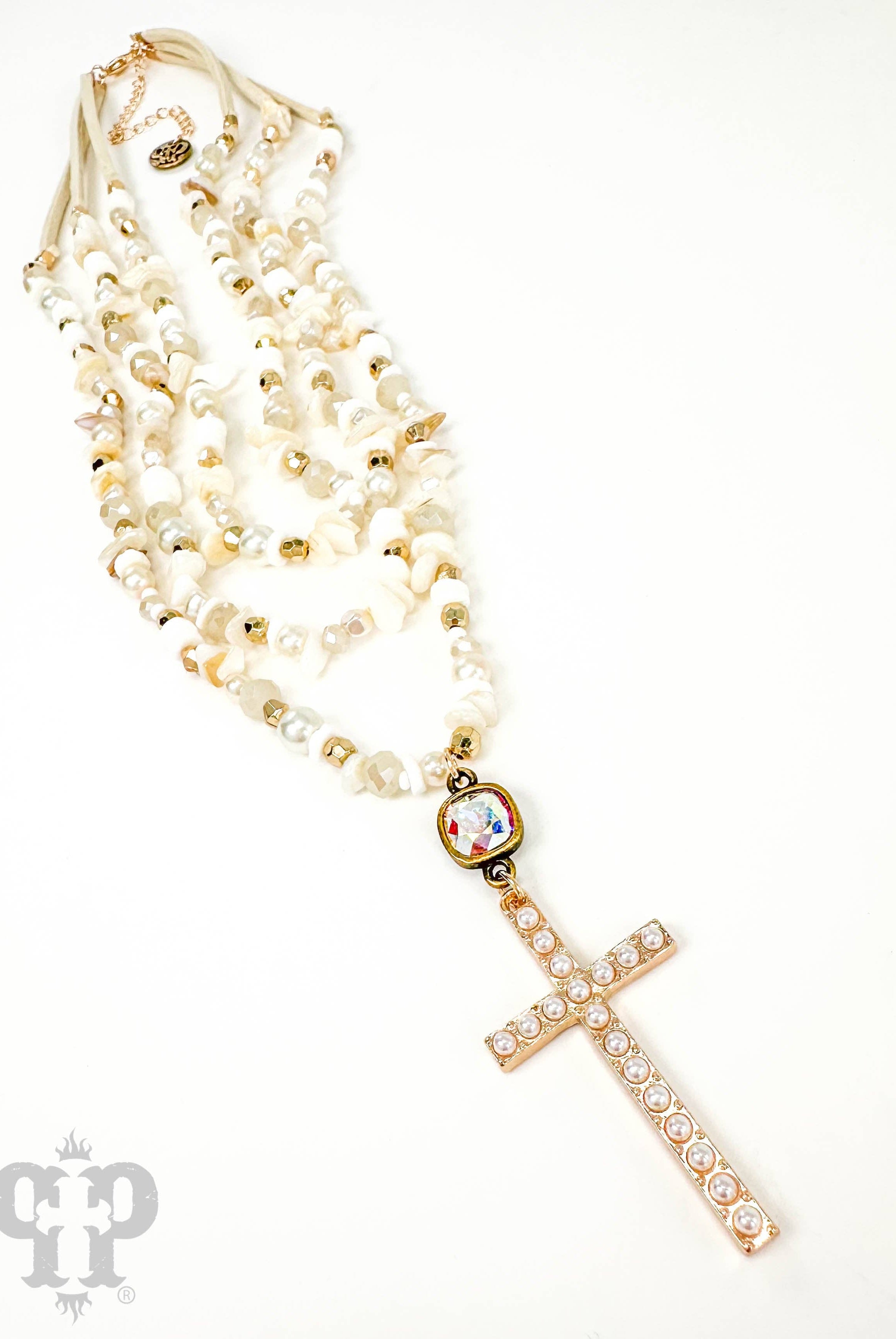Pearl studded cross necklace with Austrian crystal-Necklaces-Pink Panache Brands-Stuffology - Where Vintage Meets Modern, A Boutique for Real Women in Crosbyton, TX
