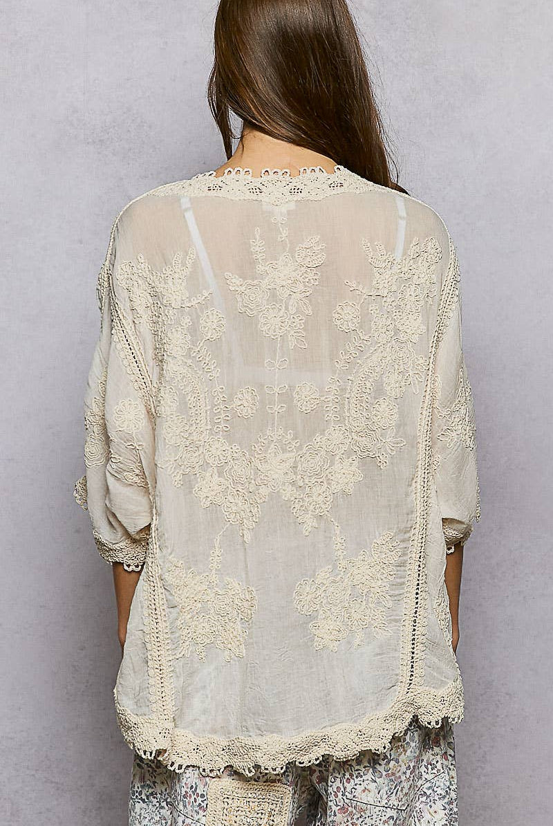 POL Clothing V-neck Short Sleeve Floral Embroidered Crochet Blouse Top-Crochet Top-Pol Clothing-Stuffology - Where Vintage Meets Modern, A Boutique for Real Women in Crosbyton, TX
