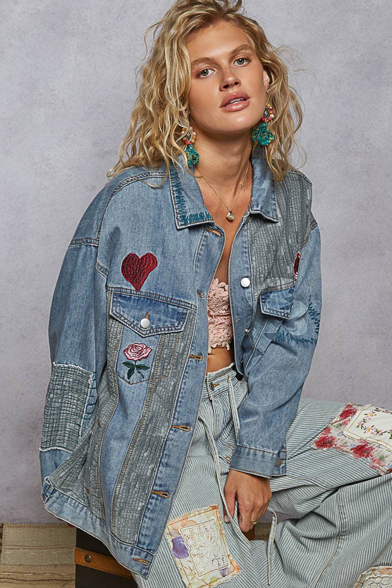Long sleeve denim embroidery roomy fit jacket-Denim Jacket-Pol Clothing-Stuffology - Where Vintage Meets Modern, A Boutique for Real Women in Crosbyton, TX