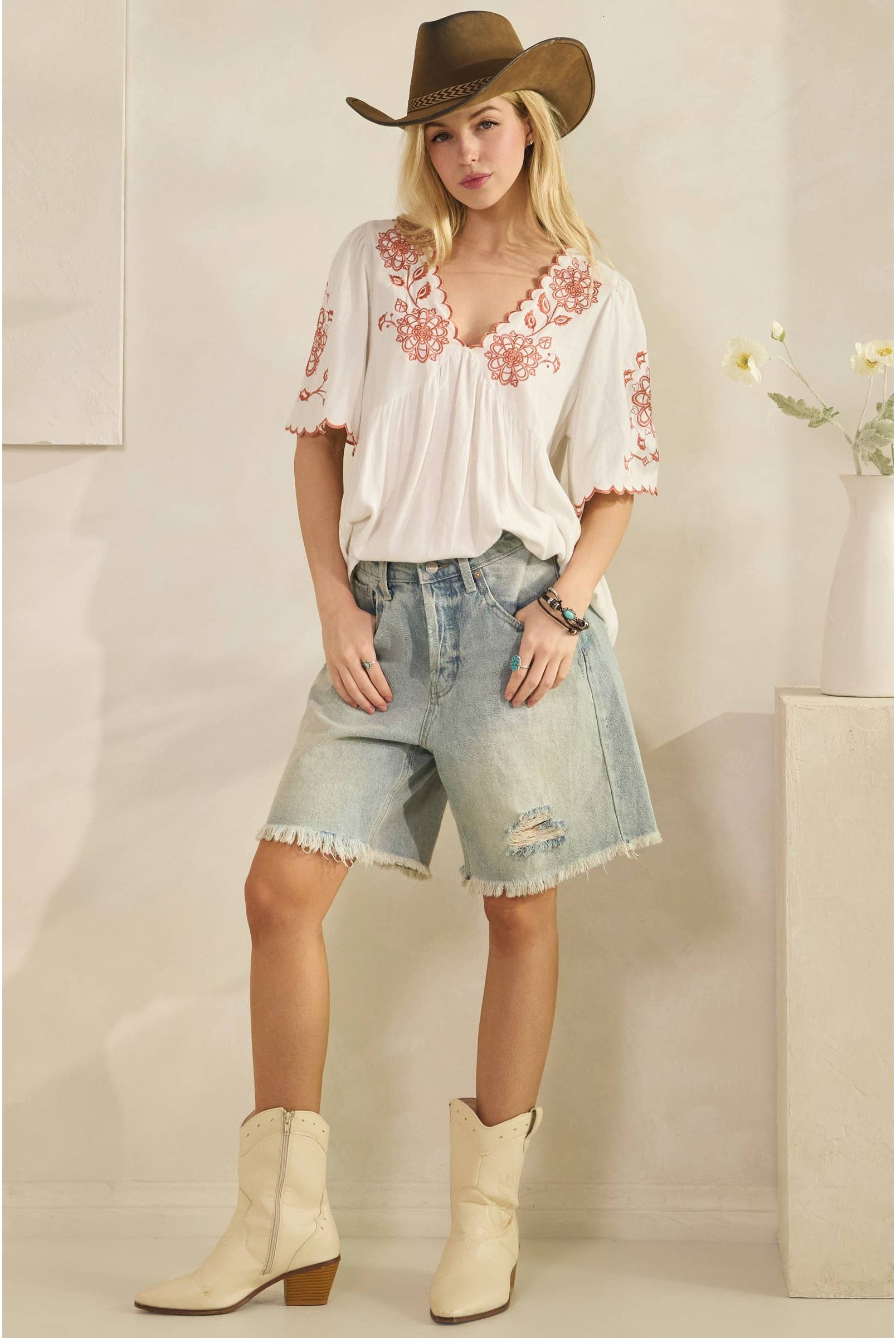 SCALLOPED BOHO EMBROIDERED BLOUSE (ST7681)-Sage + Fig-Stuffology - Where Vintage Meets Modern, A Boutique for Real Women in Crosbyton, TX