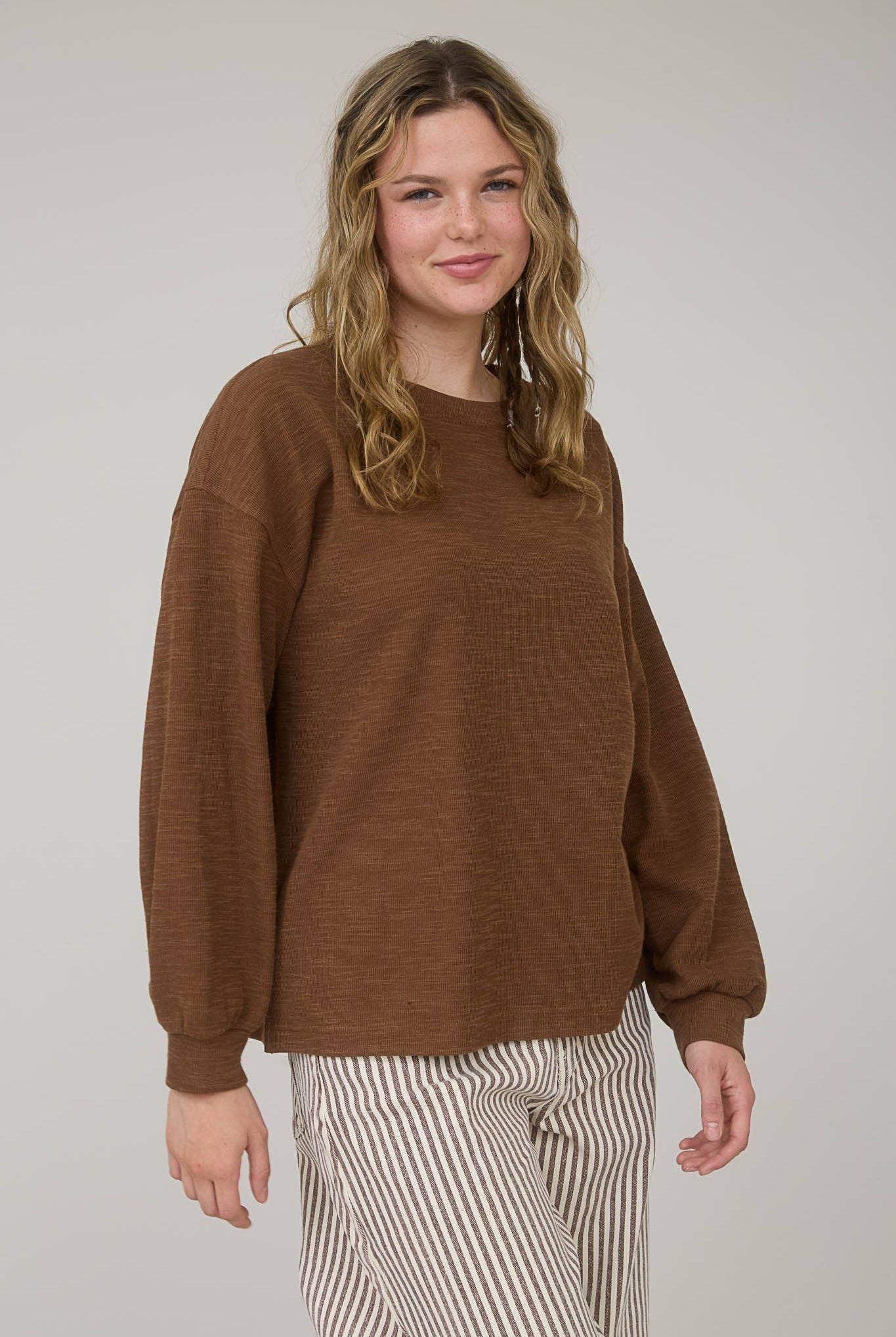 ROUND NECK DROP SHOULDER RAW EDGE MARLED KNIT TOP-TOP-J.O.A-Stuffology - Where Vintage Meets Modern, A Boutique for Real Women in Crosbyton, TX