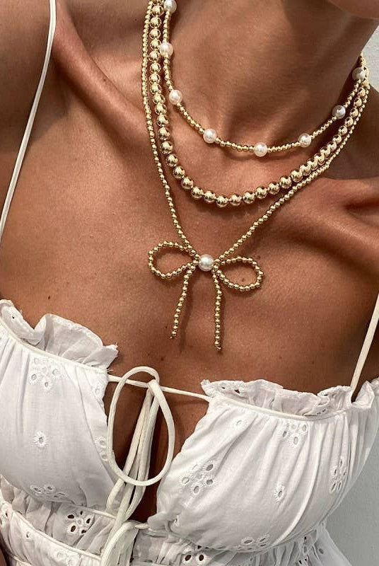 MULTILAYER BALL CHAIN BEAD PEARL BOW NECKLACE | 40NK9455-Necklaces-JOSSLYN by wall to wall-Stuffology - Where Vintage Meets Modern, A Boutique for Real Women in Crosbyton, TX
