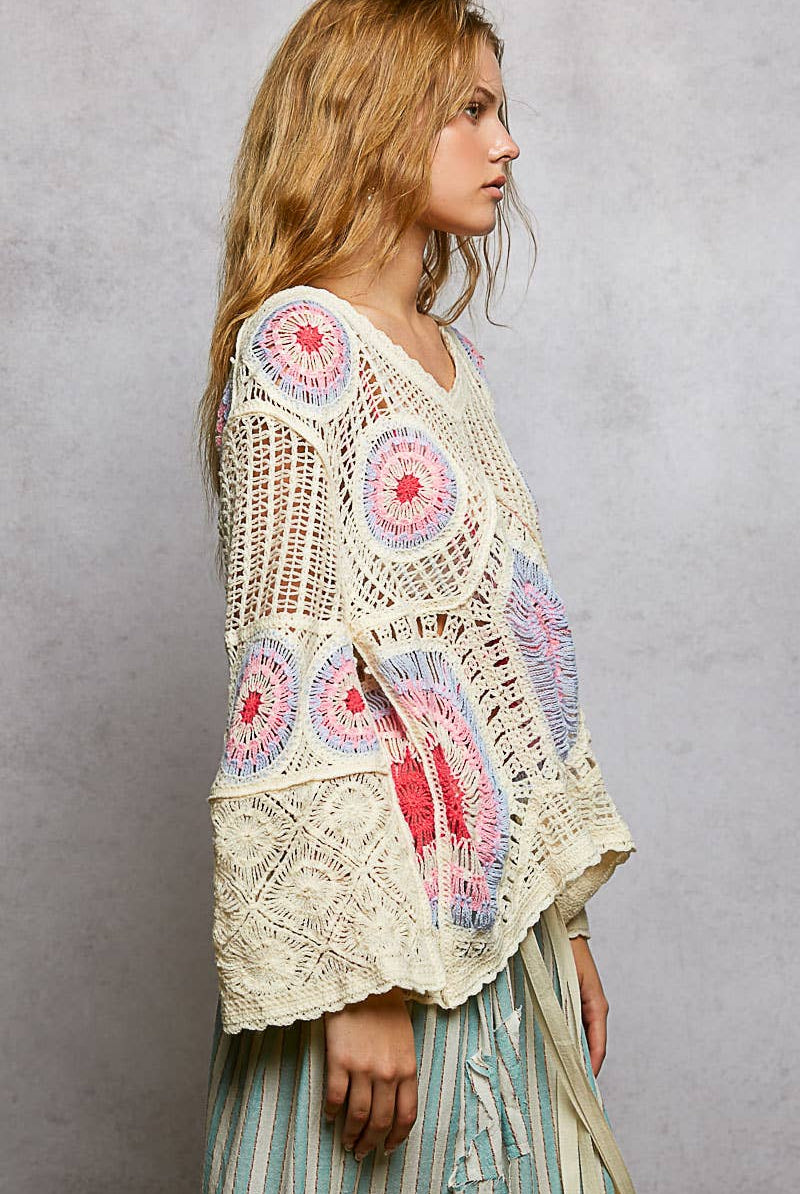 V-Neck Granny Circle Motif Scalloped Edge Crochet Top-Crochet Top-Pol Clothing-Stuffology - Where Vintage Meets Modern, A Boutique for Real Women in Crosbyton, TX