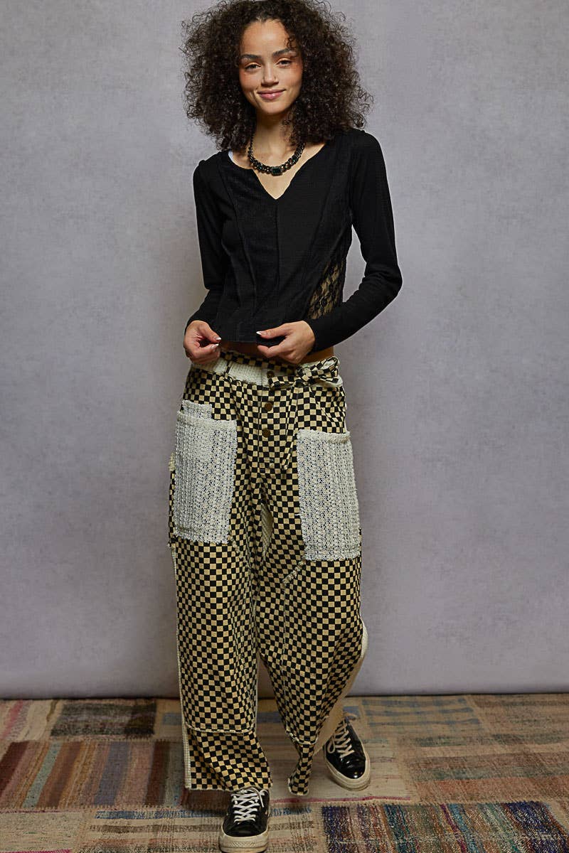 POL Clothing Checkered Patchwork Wide-Leg Pants-Pants-Pol Clothing-Stuffology - Where Vintage Meets Modern, A Boutique for Real Women in Crosbyton, TX