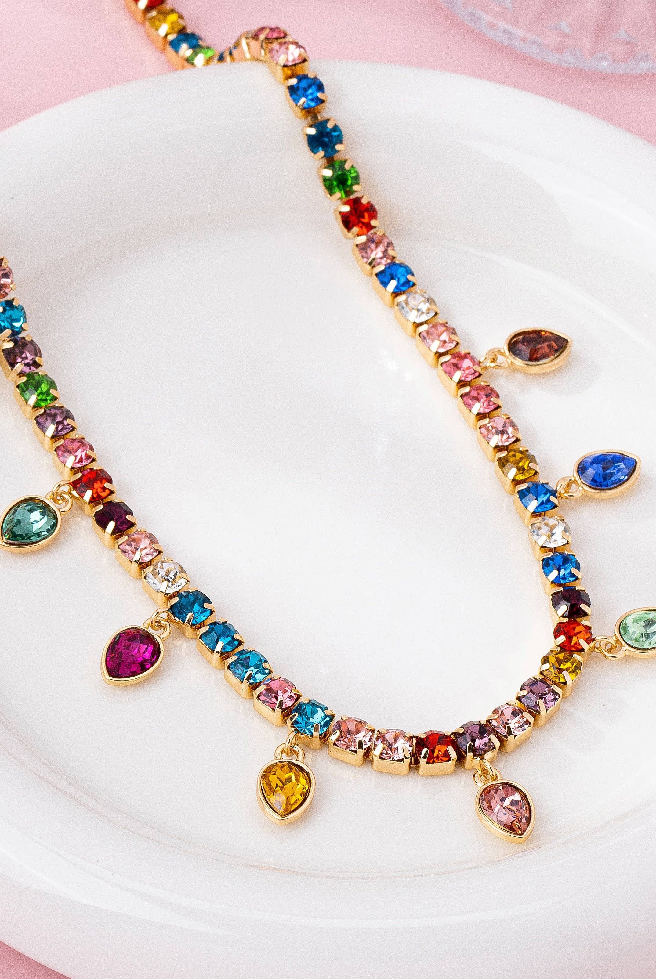 Multicolor Glass Crystal Tennis Teardrop Necklace | 80N92890-Necklaces-JOSSLYN by wall to wall-Stuffology - Where Vintage Meets Modern, A Boutique for Real Women in Crosbyton, TX