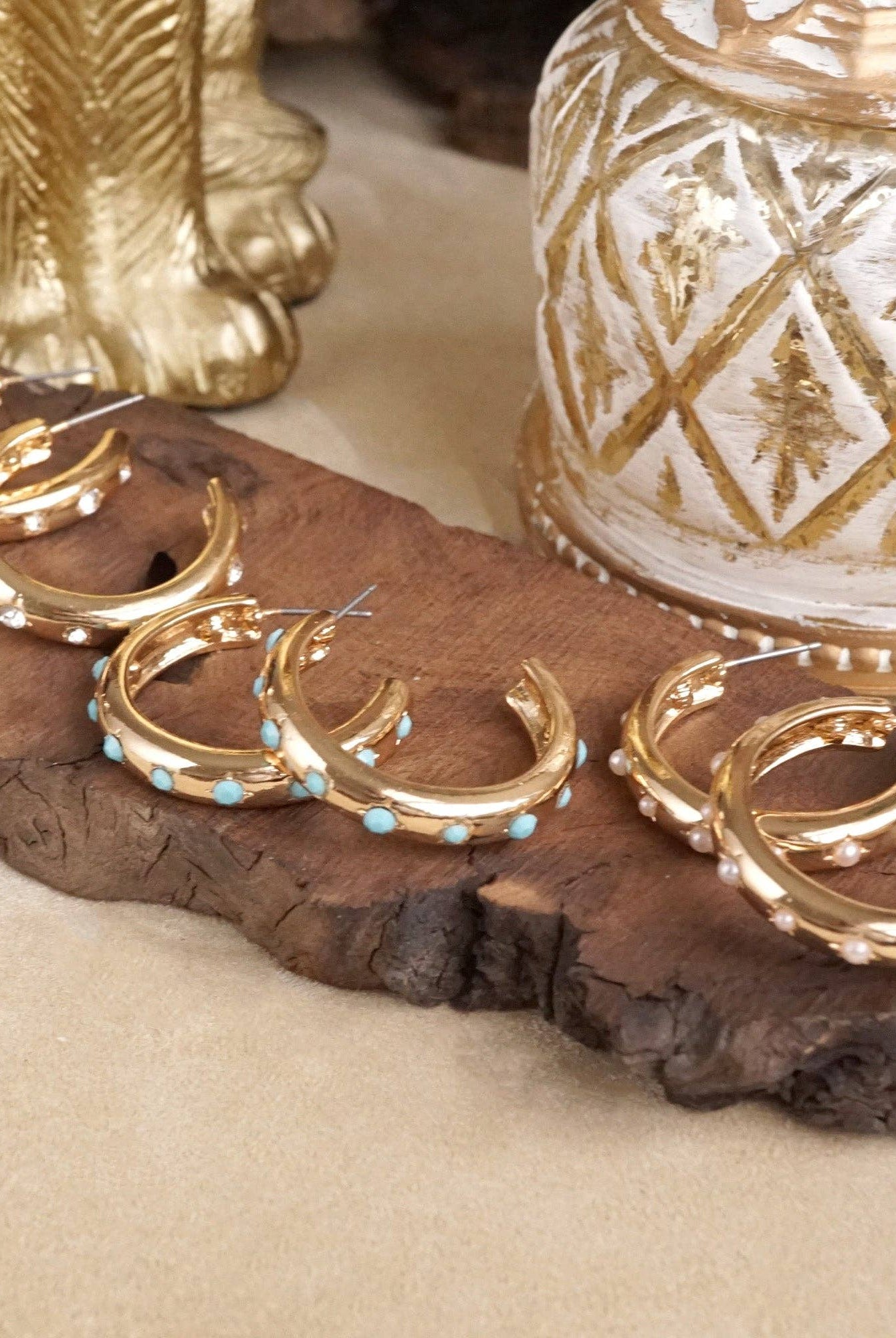 Classic Bubble Hoops – Gold with Crystal, Pearl, or Turquoise-Earrings-PennyLine inc-Stuffology - Where Vintage Meets Modern, A Boutique for Real Women in Crosbyton, TX
