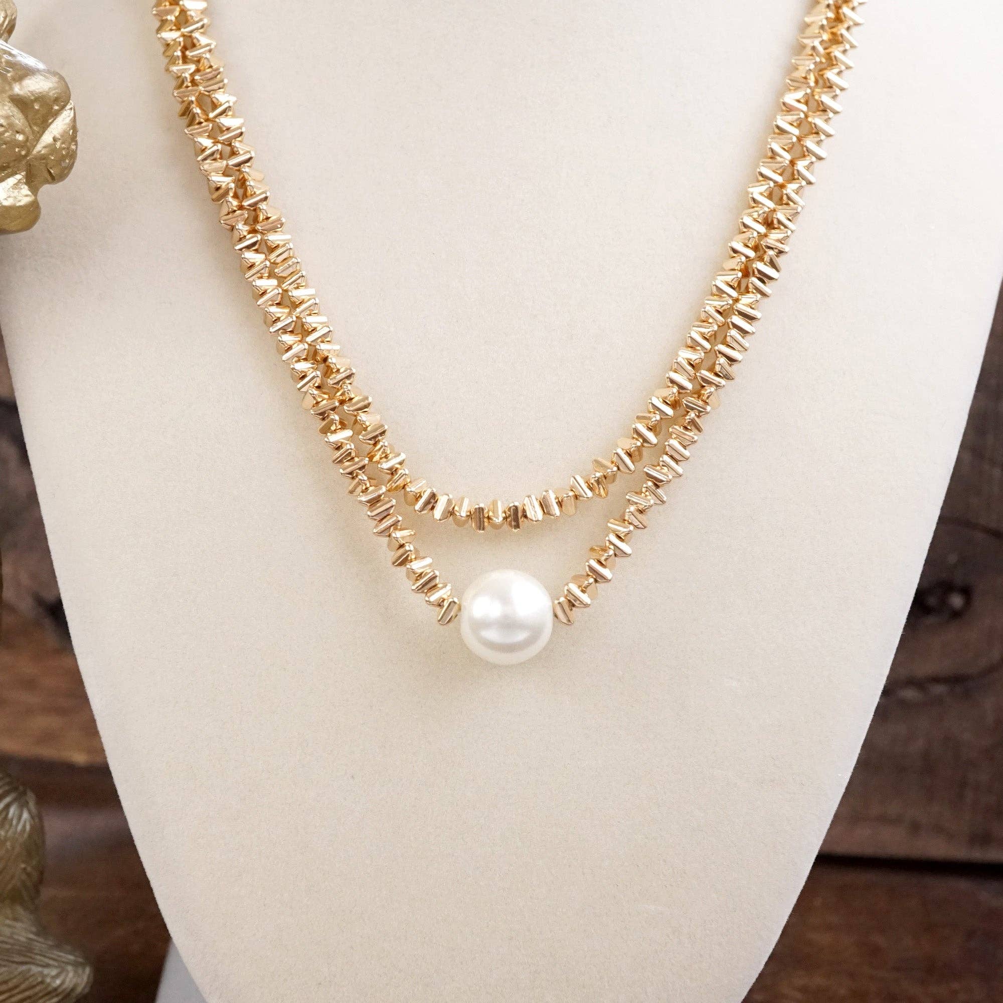 Golden Grace – Double Layer Necklace with Pearl and 3D Beads-Necklaces-PennyLine inc-Stuffology - Where Vintage Meets Modern, A Boutique for Real Women in Crosbyton, TX