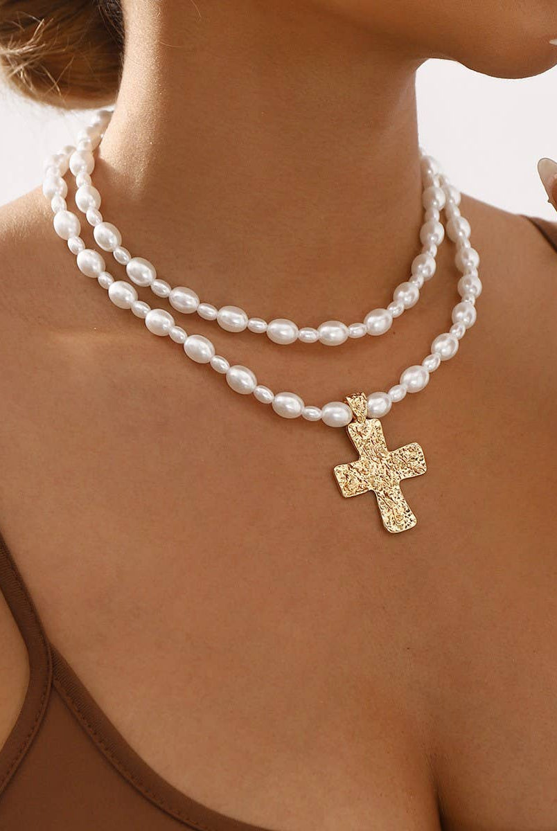 LUSTROUS FAUX PEARL BEADED LAYERED CROSS NECKLACE | 40NK9552-Necklaces-JOSSLYN by wall to wall-Stuffology - Where Vintage Meets Modern, A Boutique for Real Women in Crosbyton, TX