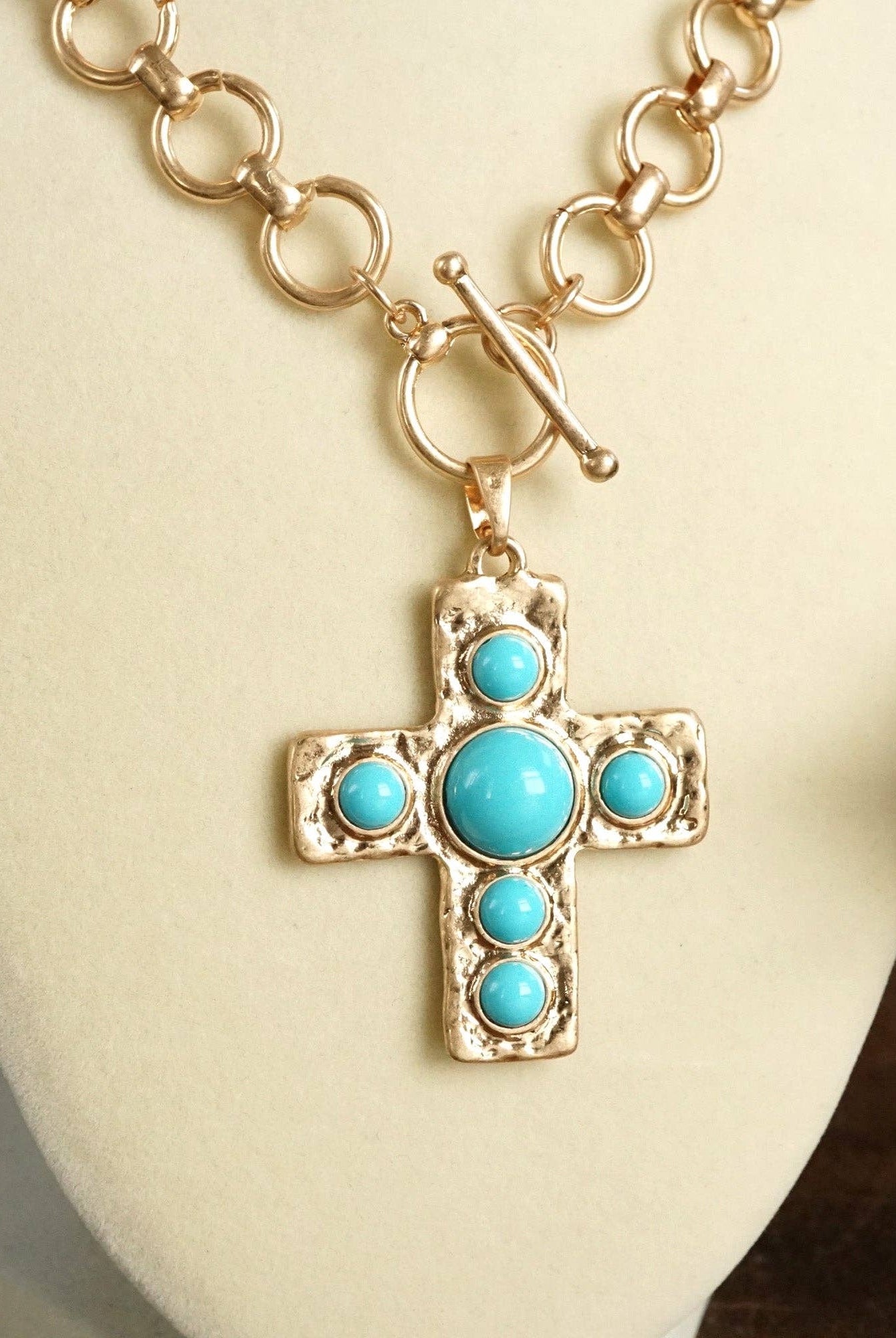 Primitive Cross Necklace – Worn Gold Tone with Acrylic Turquoise or Pearl Cabochons-PennyLine inc-Stuffology - Where Vintage Meets Modern, A Boutique for Real Women in Crosbyton, TX