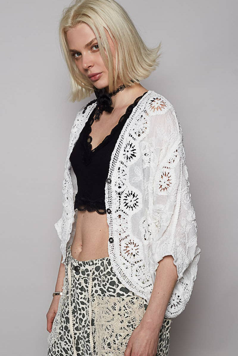 V-neck crochet woven roomy fit cardigan top-Gauze Cardigan-Pol Clothing-Stuffology - Where Vintage Meets Modern, A Boutique for Real Women in Crosbyton, TX