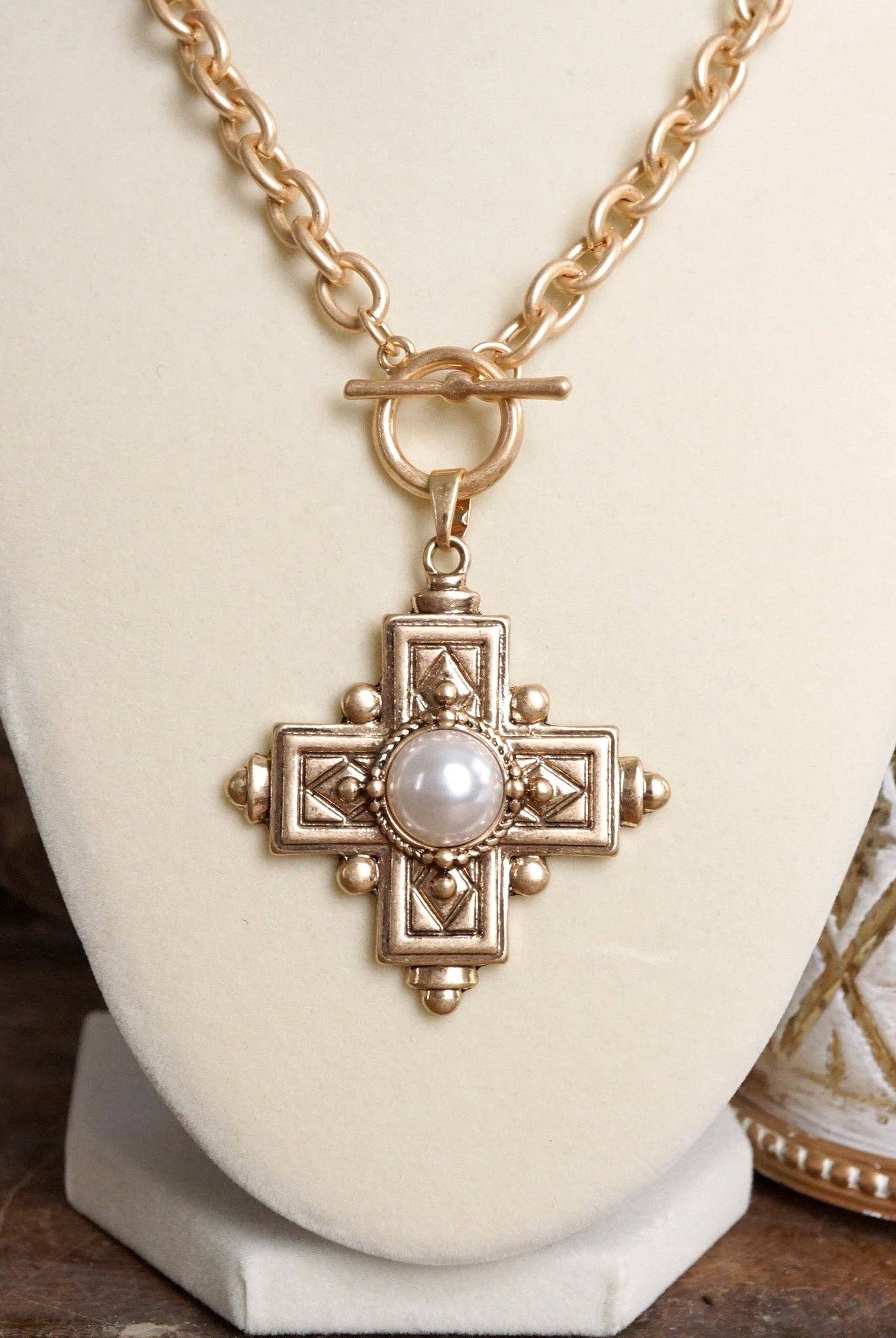 Decorative Cross Necklace Worn Gold Tone Front Toggle and Pearl-Necklaces-PennyLine inc-Stuffology - Where Vintage Meets Modern, A Boutique for Real Women in Crosbyton, TX