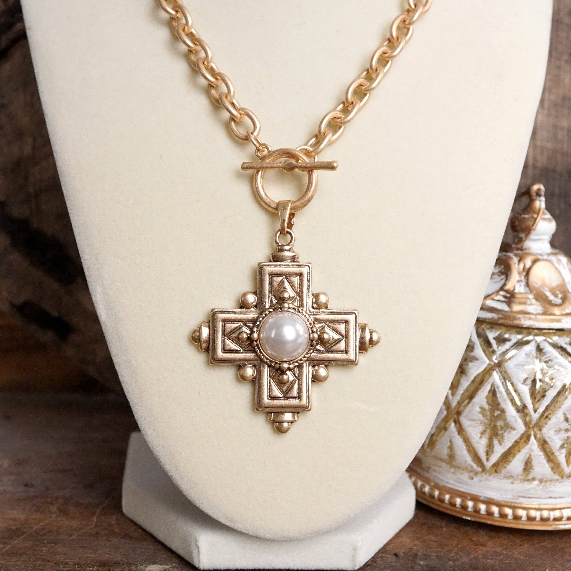 Decorative Cross Necklace Worn Gold Tone Front Toggle and Pearl-Necklaces-PennyLine inc-Stuffology - Where Vintage Meets Modern, A Boutique for Real Women in Crosbyton, TX