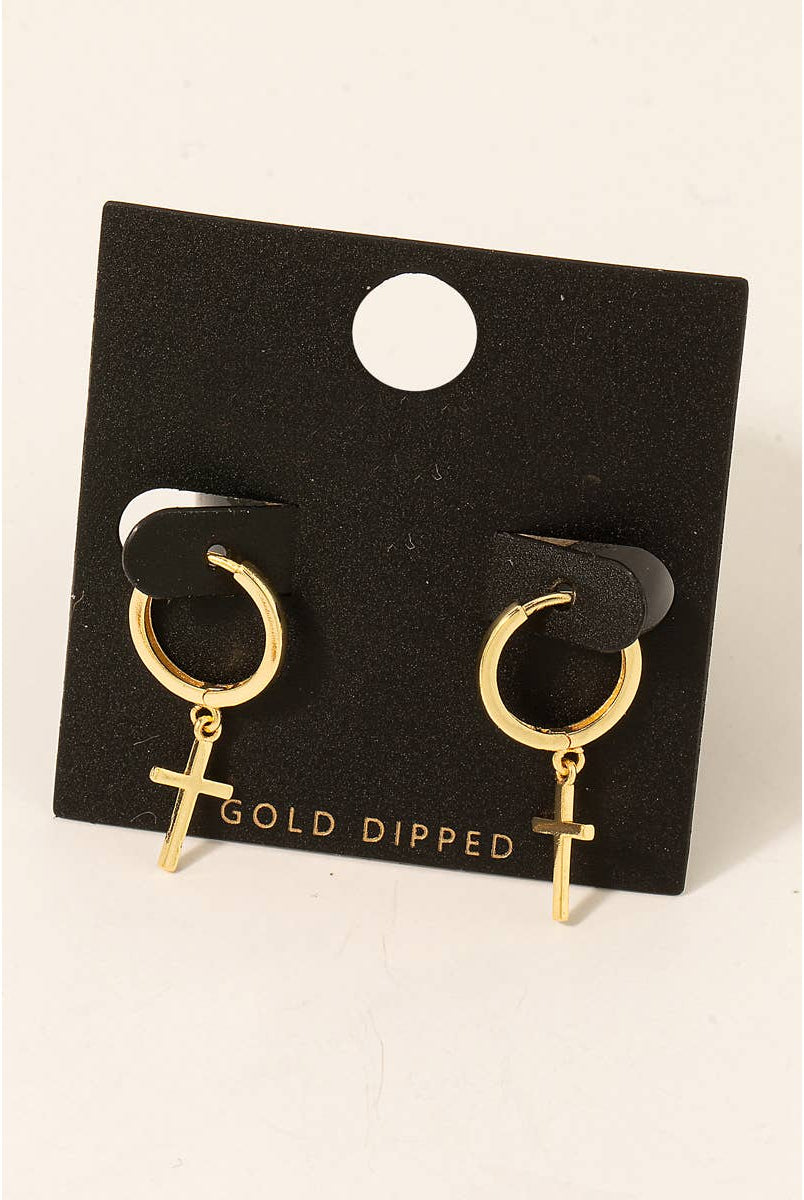 Gold Dipped Cross Charm Hoop Earrings/Stuffology Boutique-Earrings-Fame Accessories-Stuffology - Where Vintage Meets Modern, A Boutique for Real Women in Crosbyton, TX