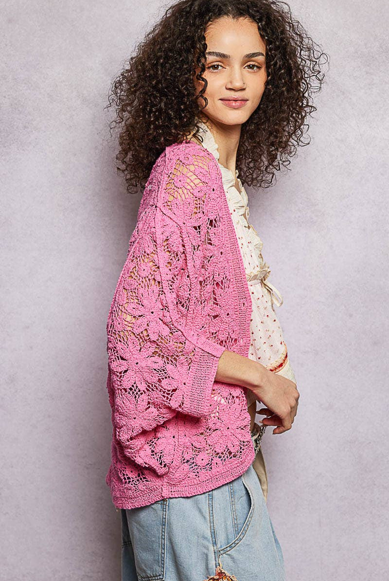 3/4 Sleeve Crochet Button Down Bubble Gum Pink Cardigan-Pol Clothing-Stuffology - Where Vintage Meets Modern, A Boutique for Real Women in Crosbyton, TX