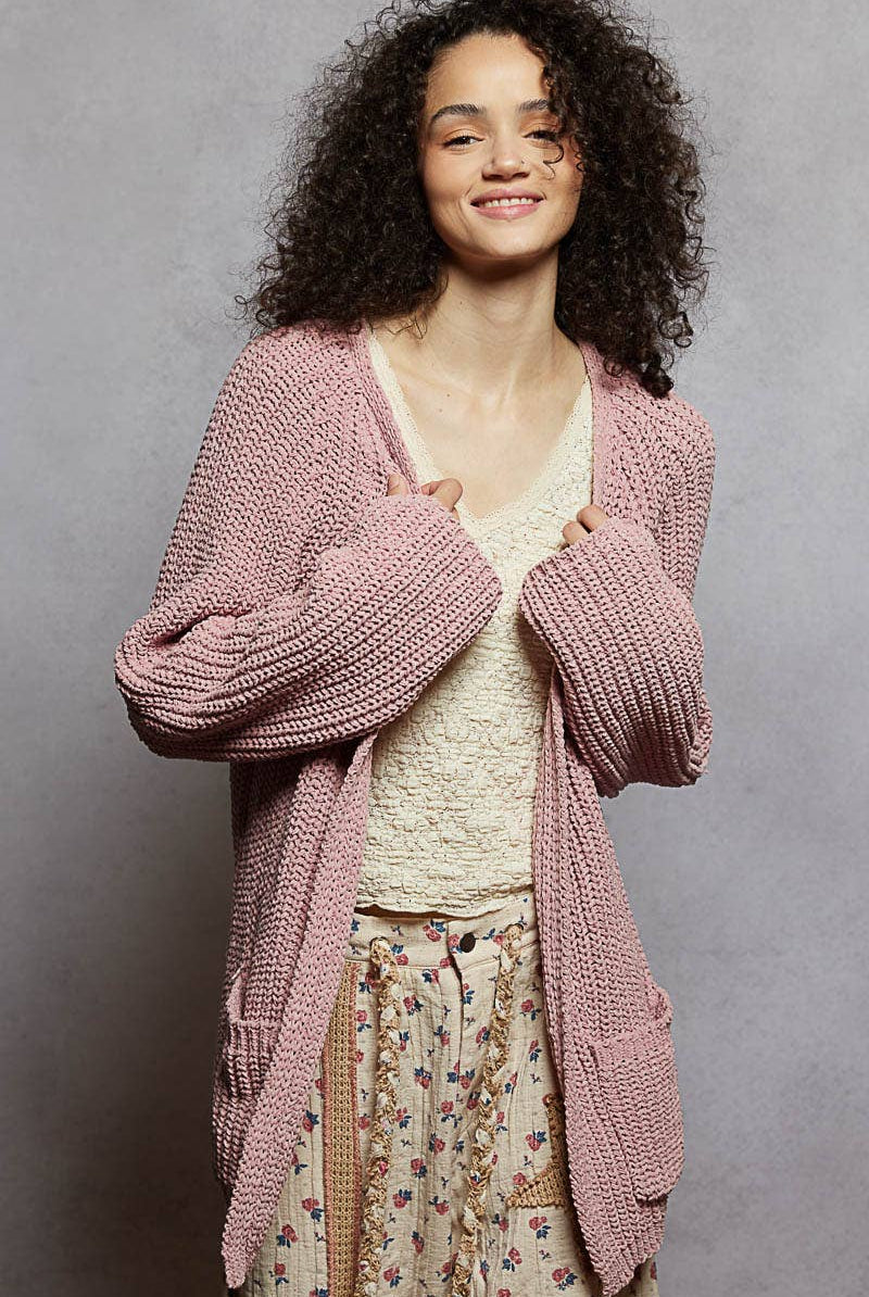 POL Clothing - Long sleeve front pocket chenille sweater open cardigan-Sweater Cardigan-Pol Clothing-Stuffology - Where Vintage Meets Modern, A Boutique for Real Women in Crosbyton, TX