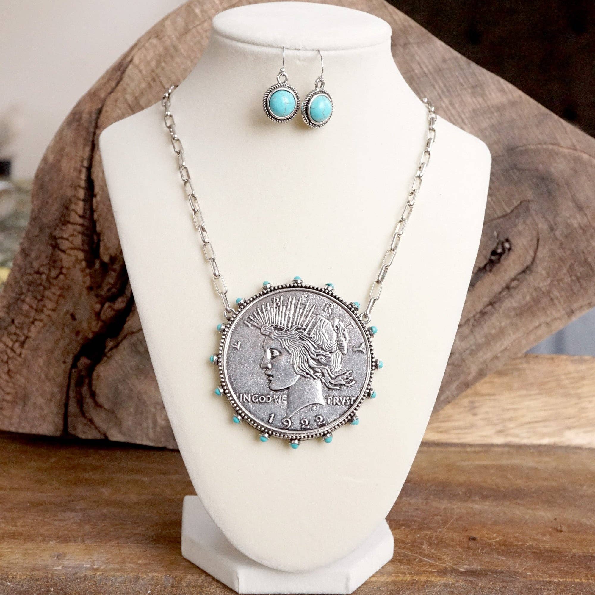 Western Boho Coin Necklace Set with Turquoise Accents – Worn Silver Tone-Necklaces-PennyLine inc-Stuffology - Where Vintage Meets Modern, A Boutique for Real Women in Crosbyton, TX