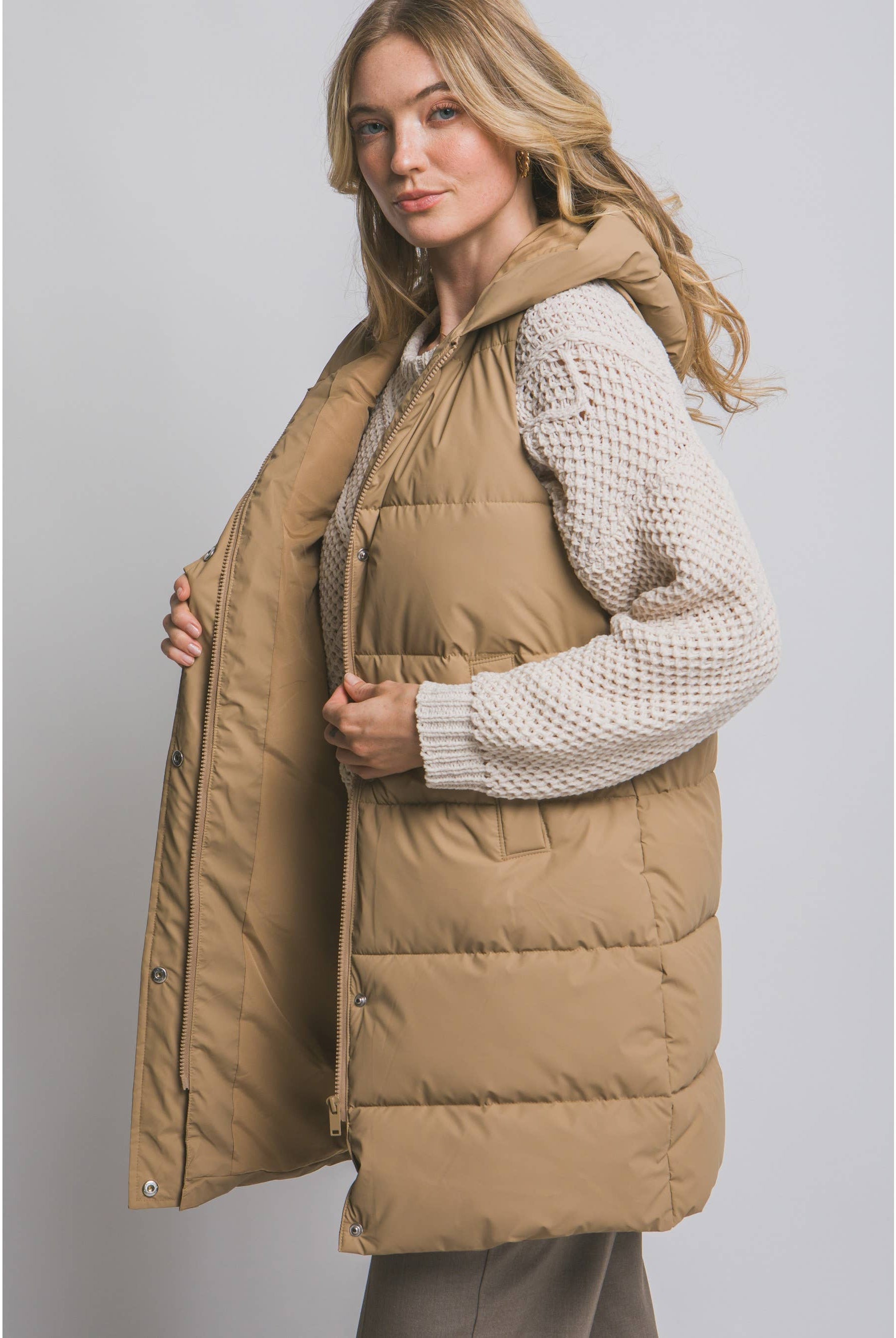 Hooded Long Quilted Puffer Vest w Zip Snap Closure-HiteJeans-Stuffology - Where Vintage Meets Modern, A Boutique for Real Women in Crosbyton, TX