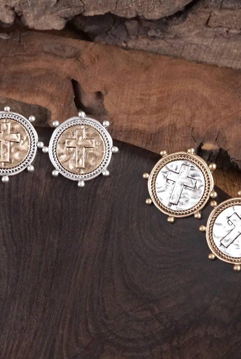 Divine Duo – Two-Tone Cross Coin Stud Earrings-Earrings-PennyLine inc-Stuffology - Where Vintage Meets Modern, A Boutique for Real Women in Crosbyton, TX