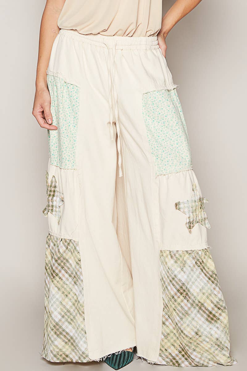 Star patch detail solid chambray wide pants-Pants-Pol Clothing-Stuffology - Where Vintage Meets Modern, A Boutique for Real Women in Crosbyton, TX