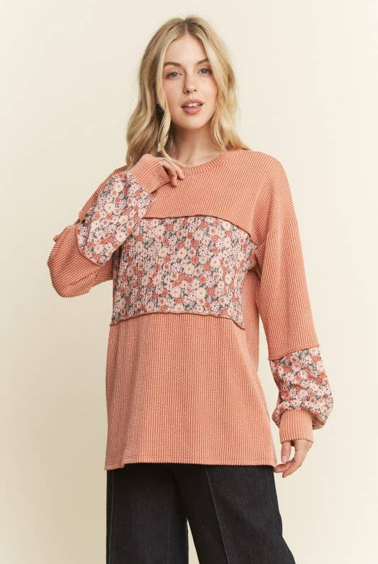 LONG SLEEVE RIBBED FLORAL TOP-TOP-HEIMISH-Stuffology - Where Vintage Meets Modern, A Boutique for Real Women in Crosbyton, TX