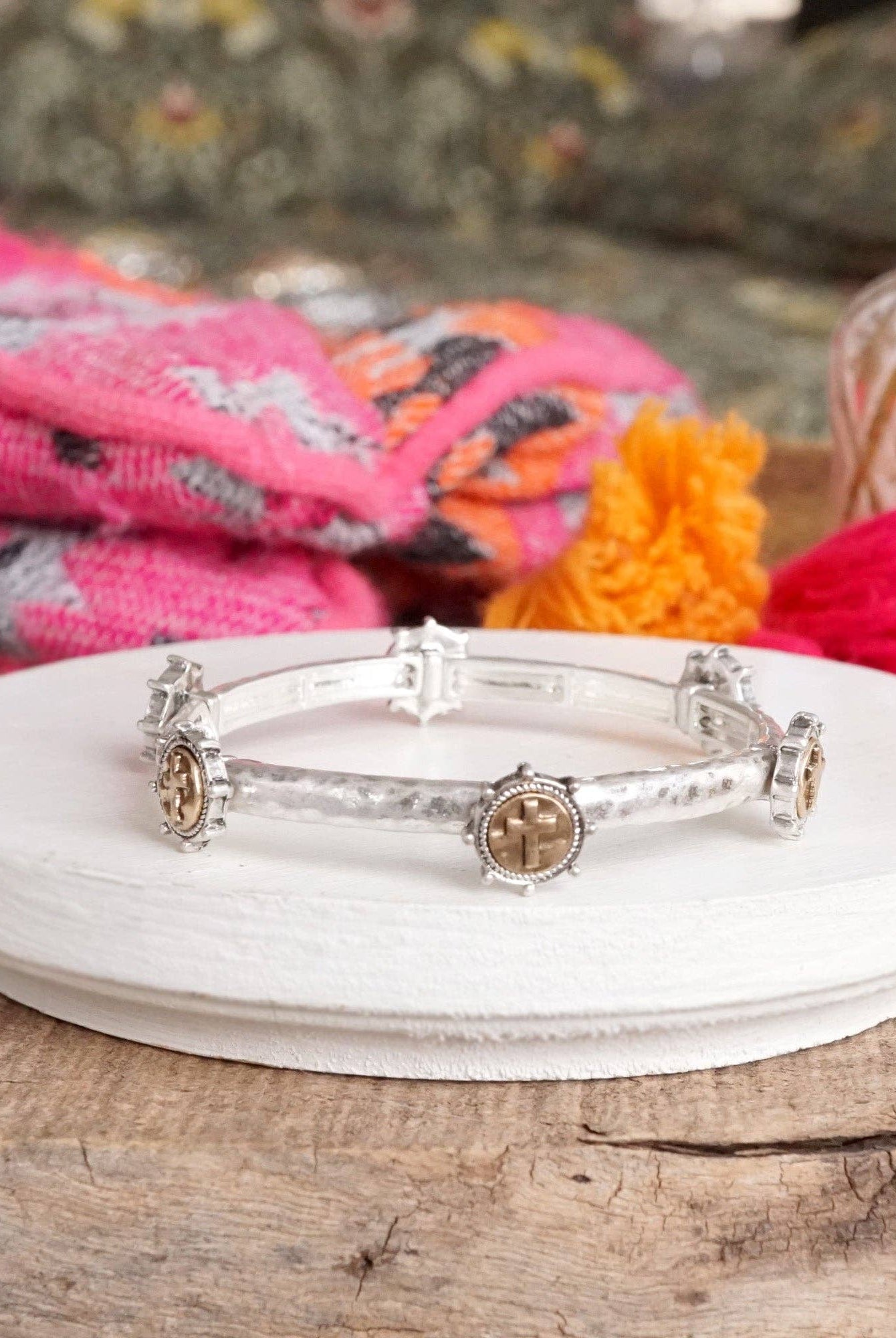 Cross Coin Bangle in Worn Silver or Gold Tone-Bracelets-PennyLine inc-Stuffology - Where Vintage Meets Modern, A Boutique for Real Women in Crosbyton, TX