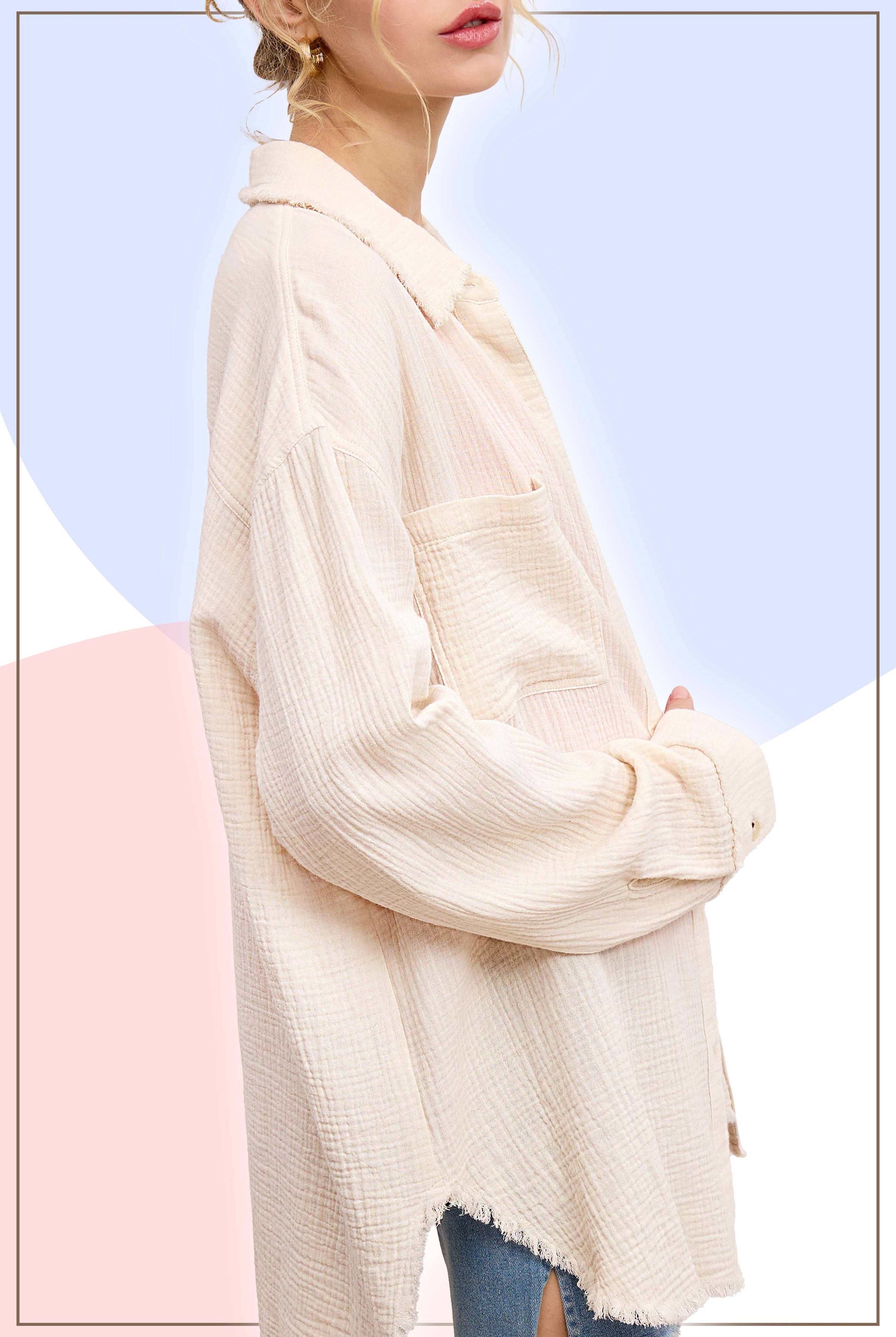 Crinkled Gauze Button Down Shirt-La Miel-Stuffology - Where Vintage Meets Modern, A Boutique for Real Women in Crosbyton, TX