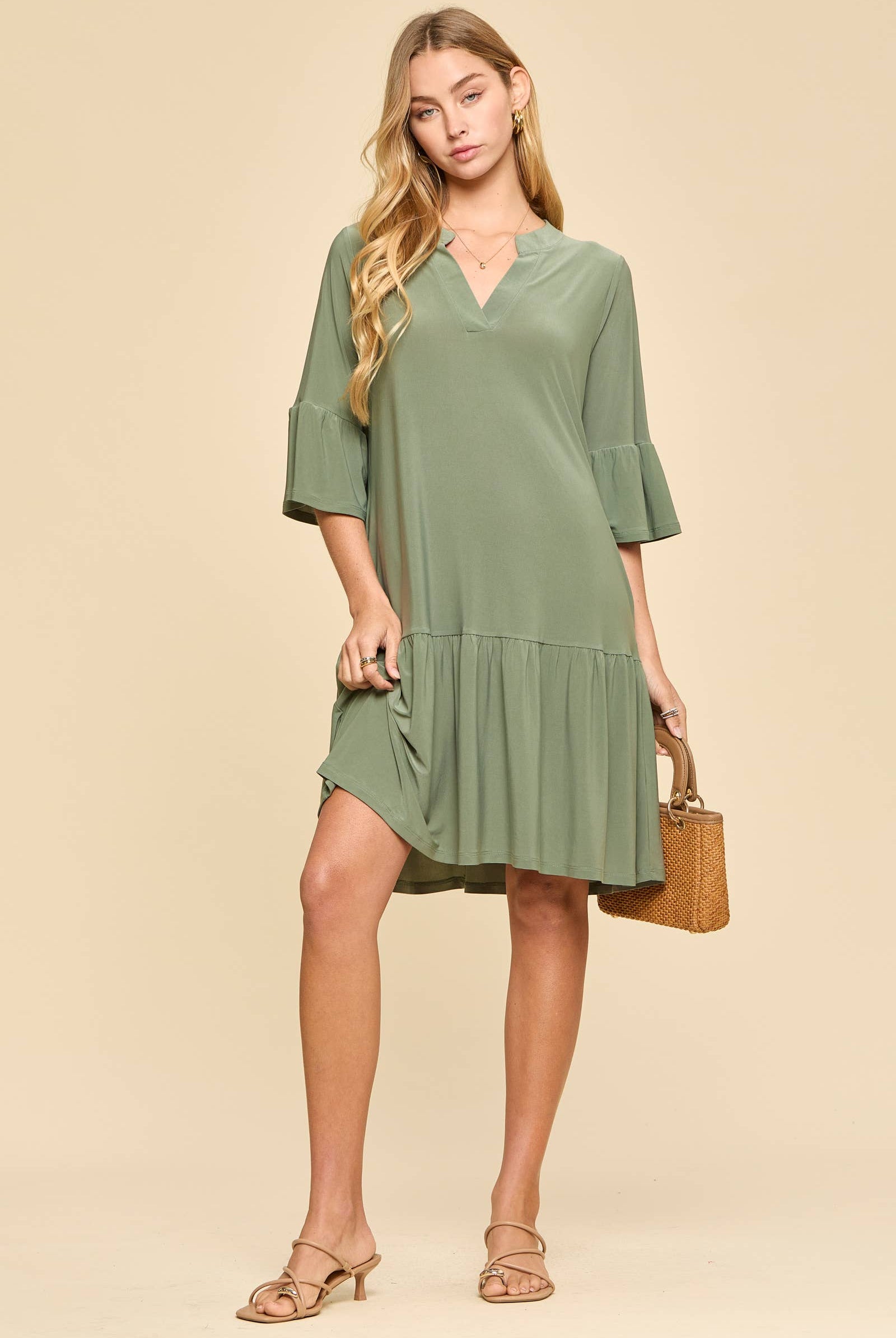 Shirred Tiered Relaxed 3/4 Sleeve Dress-Dresses-Dear Scarlett-Stuffology - Where Vintage Meets Modern, A Boutique for Real Women in Crosbyton, TX