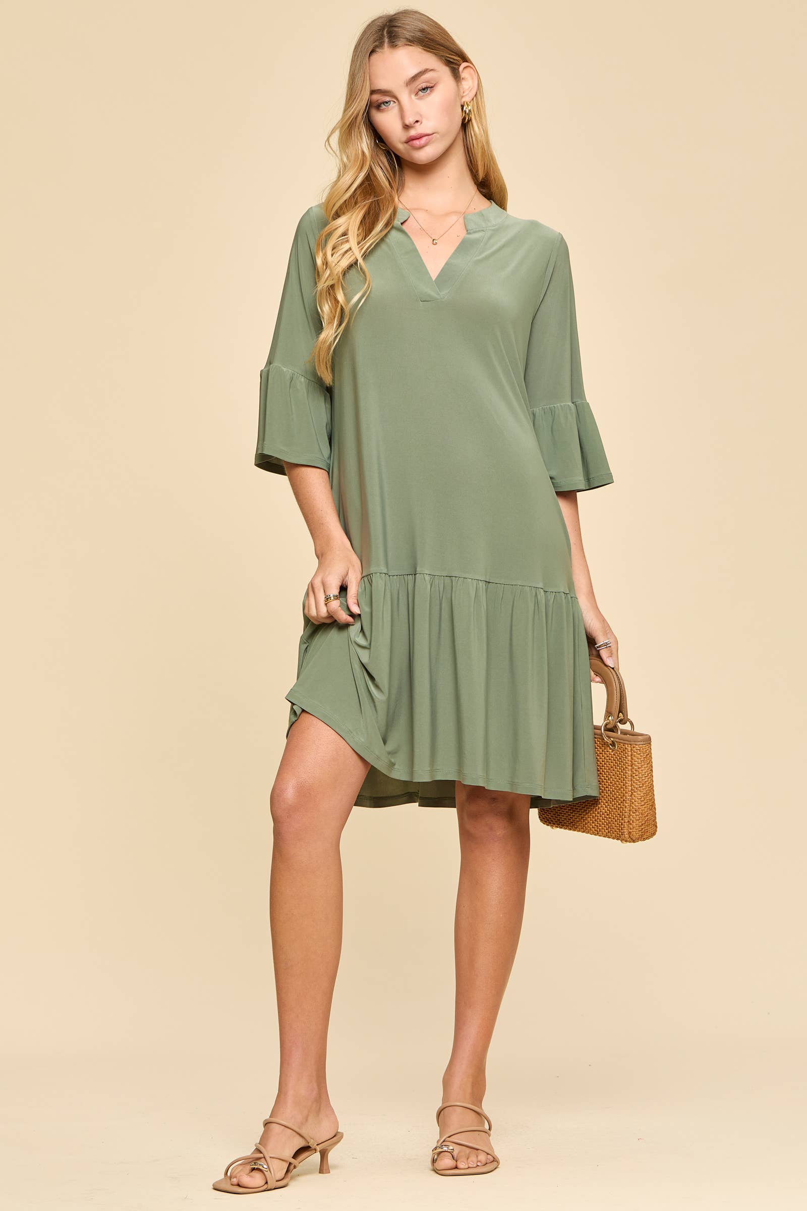 Shirred Tiered Relaxed 3/4 Sleeve Dress-Dresses-Dear Scarlett-Stuffology - Where Vintage Meets Modern, A Boutique for Real Women in Crosbyton, TX