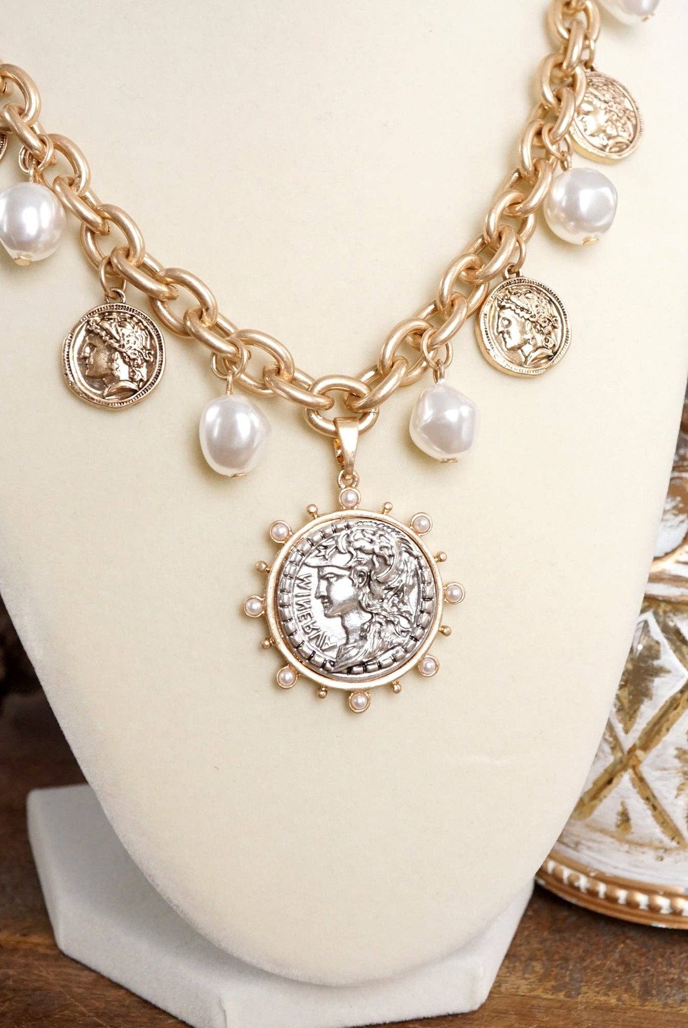 Boho Coin and Pearl Charms Statement Necklace – Gold and Silver Tone-PennyLine inc-Stuffology - Where Vintage Meets Modern, A Boutique for Real Women in Crosbyton, TX