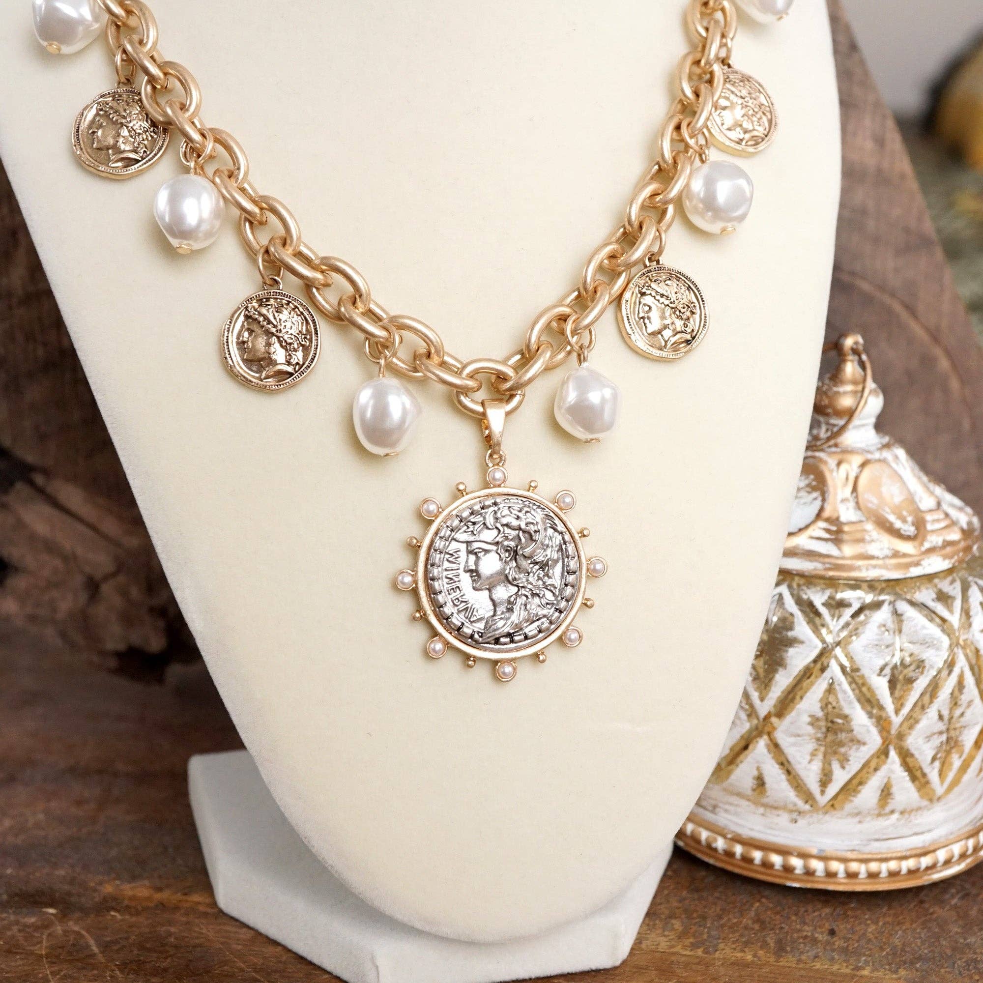 Boho Coin and Pearl Charms Statement Necklace – Gold and Silver Tone-PennyLine inc-Stuffology - Where Vintage Meets Modern, A Boutique for Real Women in Crosbyton, TX