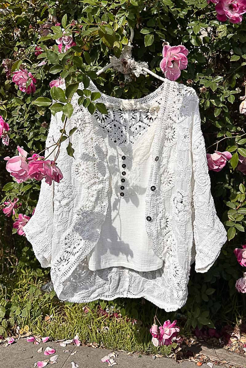 V-neck crochet woven roomy fit cardigan top-Gauze Cardigan-Pol Clothing-Stuffology - Where Vintage Meets Modern, A Boutique for Real Women in Crosbyton, TX