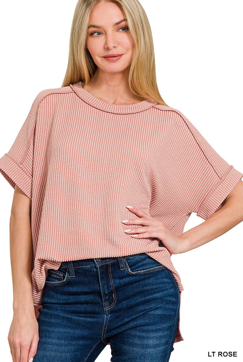 Corded Rib Short Cuff Sleeve Raw Edge Top-TOP-Stuffology Boutique-Stuffology - Where Vintage Meets Modern, A Boutique for Real Women in Crosbyton, TX
