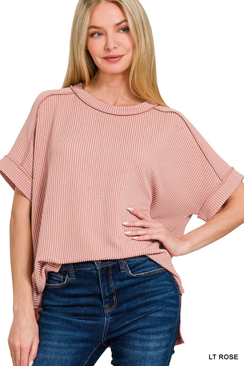 Corded Rib Short Cuff Sleeve Raw Edge Top-TOP-Stuffology Boutique-Stuffology - Where Vintage Meets Modern, A Boutique for Real Women in Crosbyton, TX