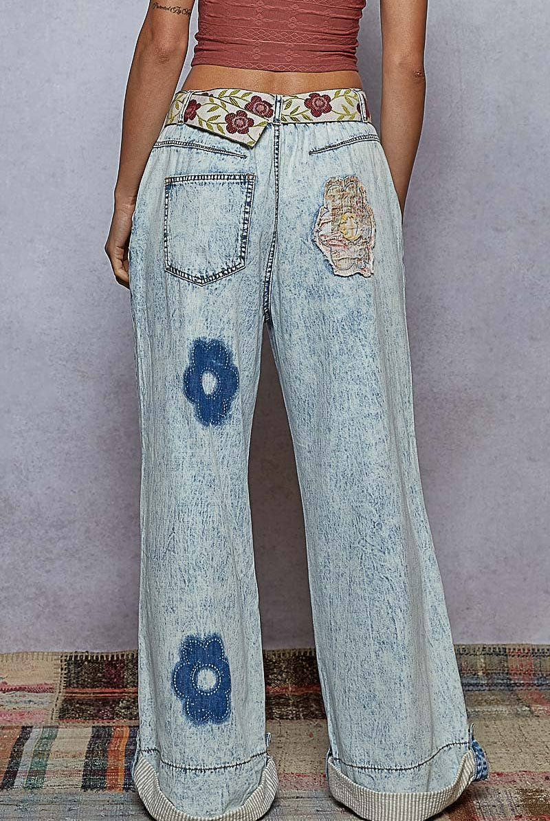 Floral Patchwork Rolled-up Denim Straight Pants-Jeans-Pol Clothing-Stuffology - Where Vintage Meets Modern, A Boutique for Real Women in Crosbyton, TX