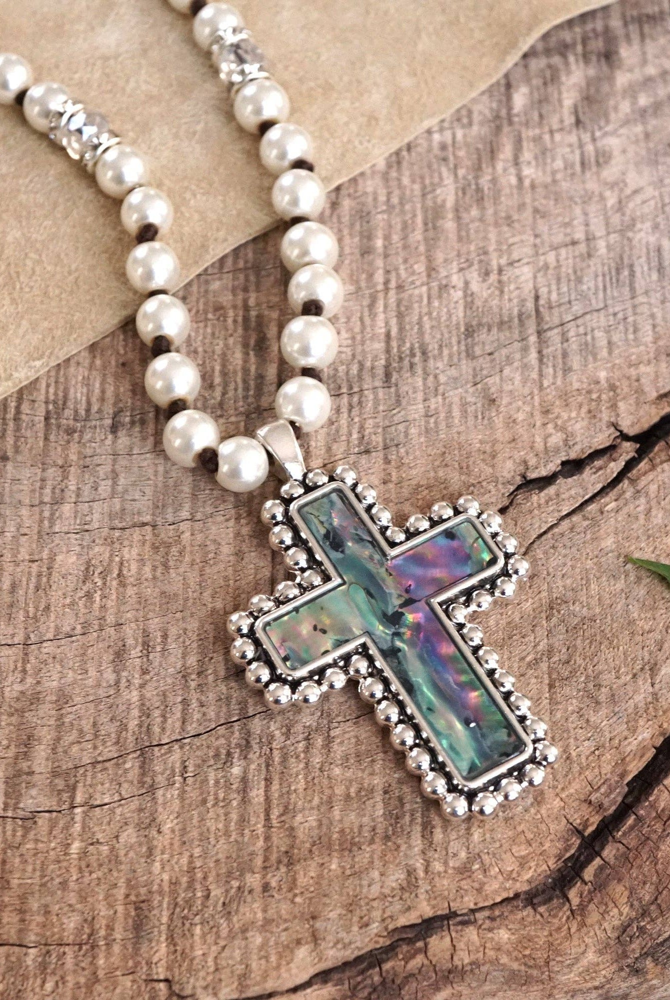 Pearlized beads Necklace with Cross and Clover pendant Mother of Pearl Abalone-PennyLine inc-Stuffology - Where Vintage Meets Modern, A Boutique for Real Women in Crosbyton, TX