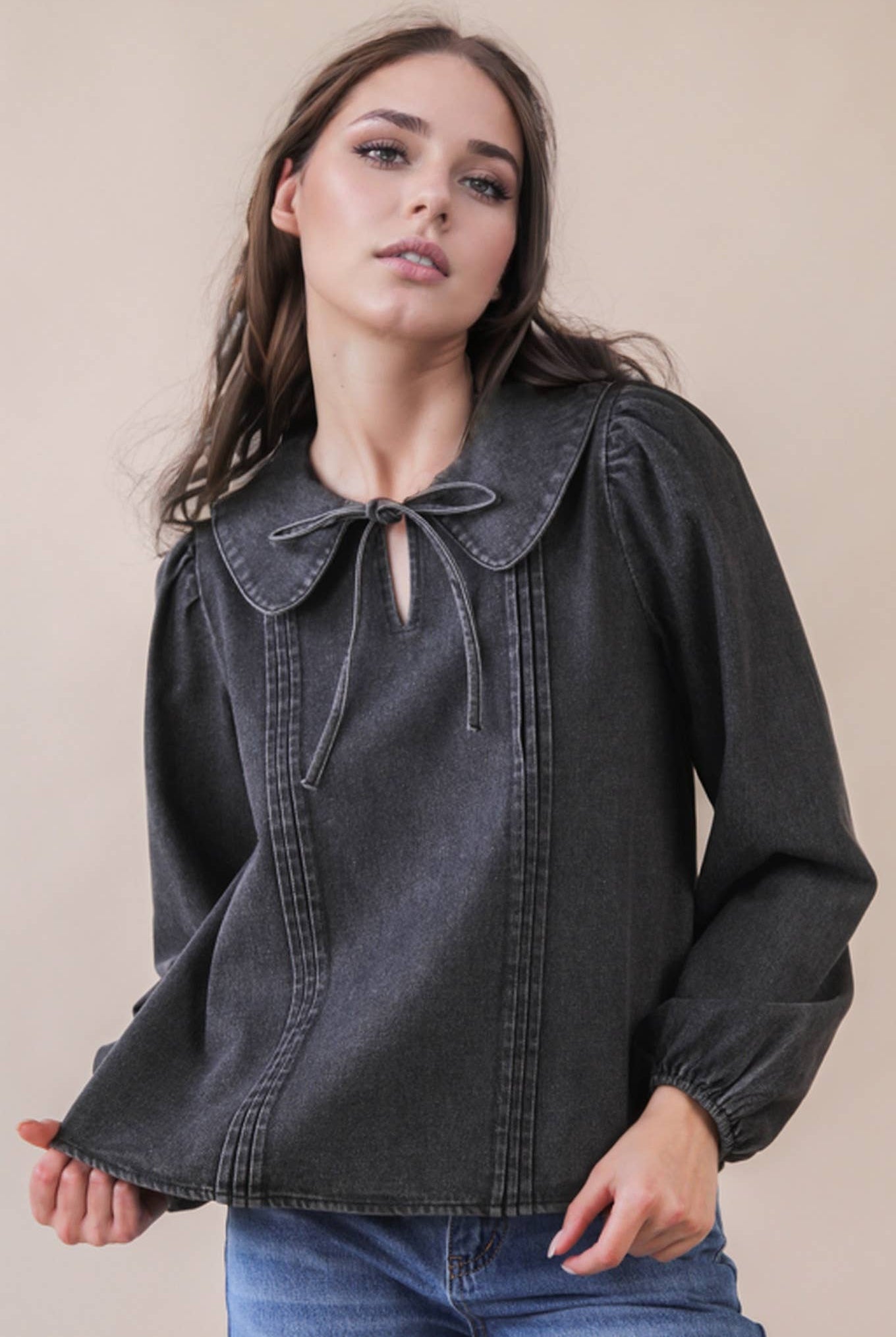 Mineral Washed Chambray Denim Blouse Top-Top-VERY J-Stuffology - Where Vintage Meets Modern, A Boutique for Real Women in Crosbyton, TX