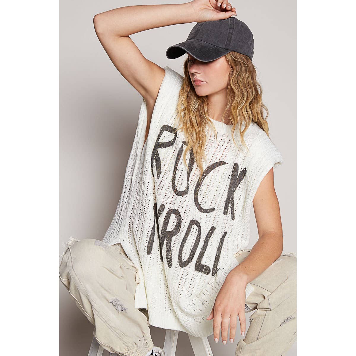 POL Clothing Rock N Roll Graphic Lettering Round Sleeveless Top-TOP-Pol Clothing-Stuffology - Where Vintage Meets Modern, A Boutique for Real Women in Crosbyton, TX