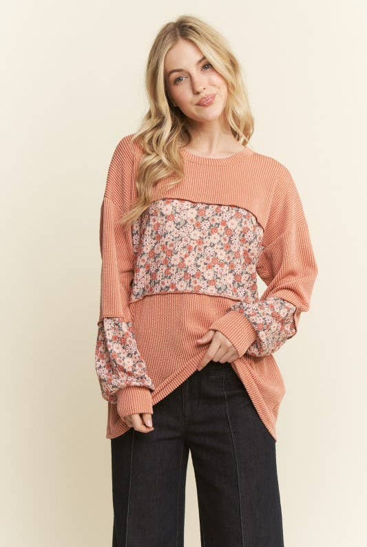 LONG SLEEVE RIBBED FLORAL TOP-TOP-HEIMISH-Stuffology - Where Vintage Meets Modern, A Boutique for Real Women in Crosbyton, TX