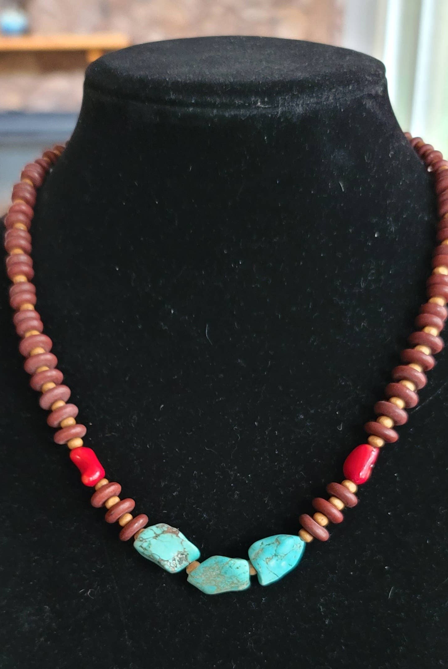 Turquoise, Coral Necklace, wood beads Native American made-Necklaces-Horse Spirit Studio-Stuffology - Where Vintage Meets Modern, A Boutique for Real Women in Crosbyton, TX